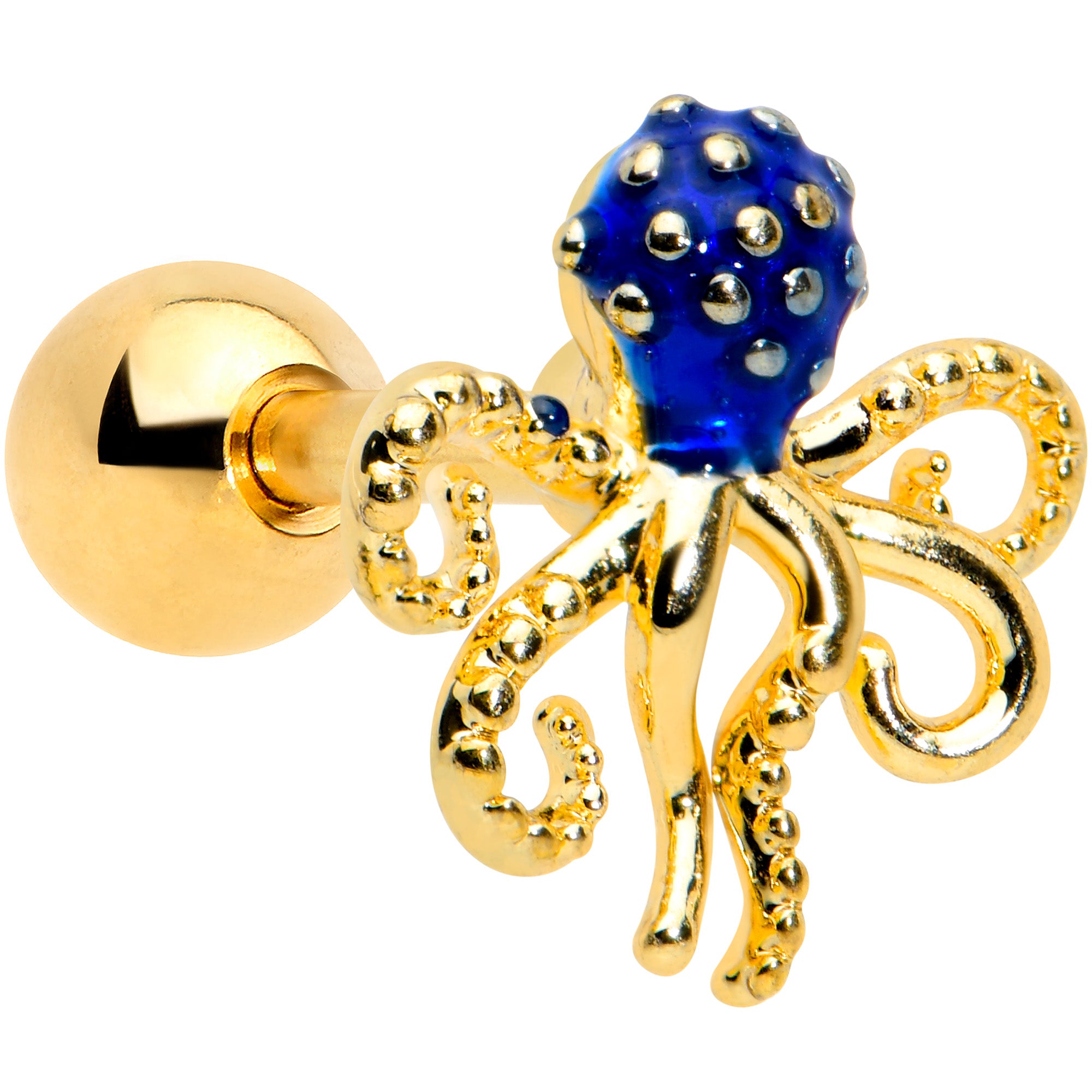 16 Gauge 1/4 Gold Tone Textured Blue Octopus Cartilage Tragus Earring