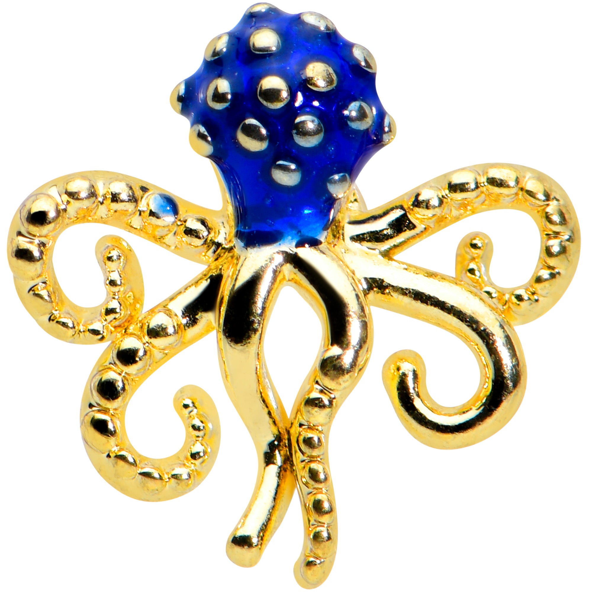 16 Gauge 1/4 Gold Tone Textured Blue Octopus Cartilage Tragus Earring