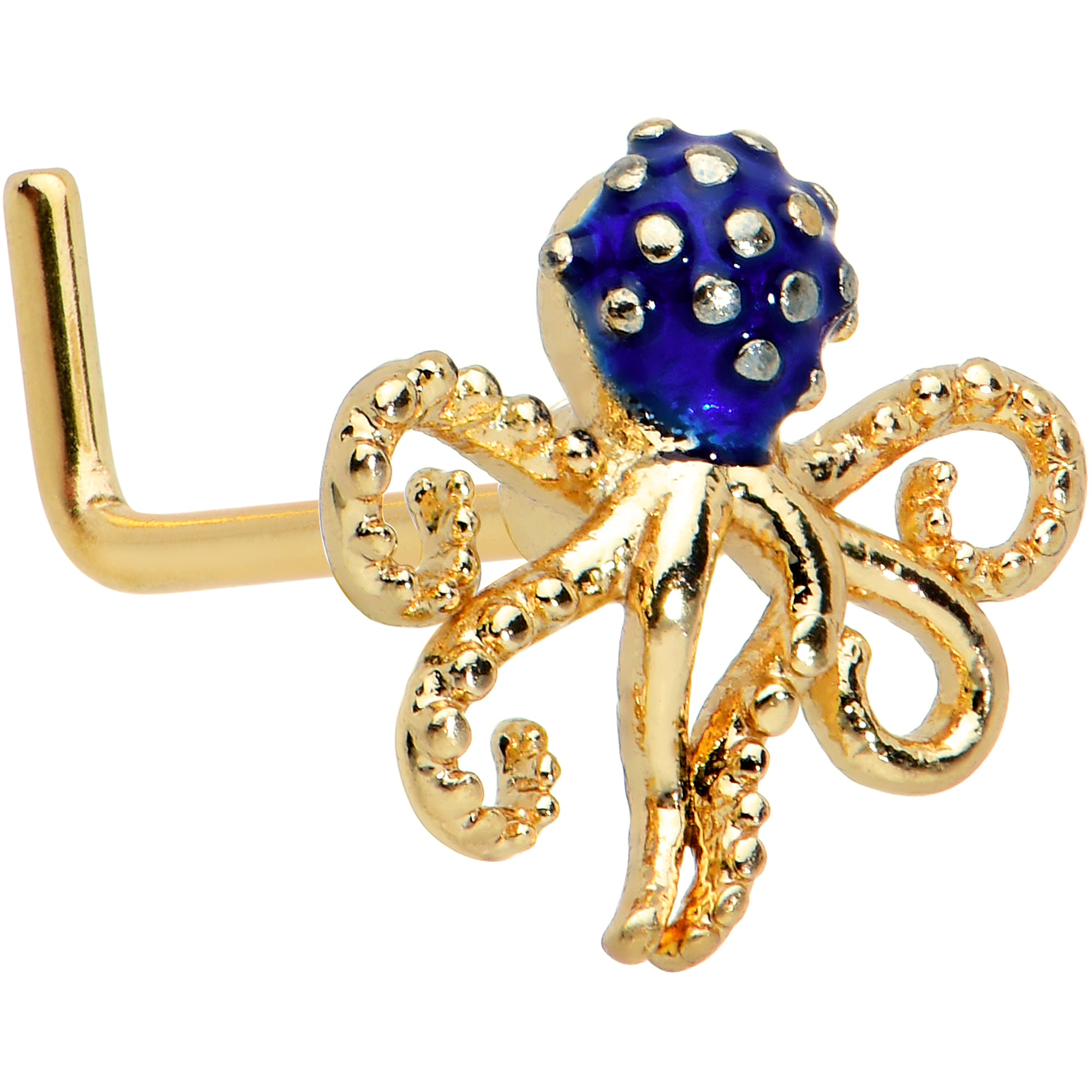 20 Gauge 1/4 Gold Tone Textured Blue Octopus L Shape Nose Ring