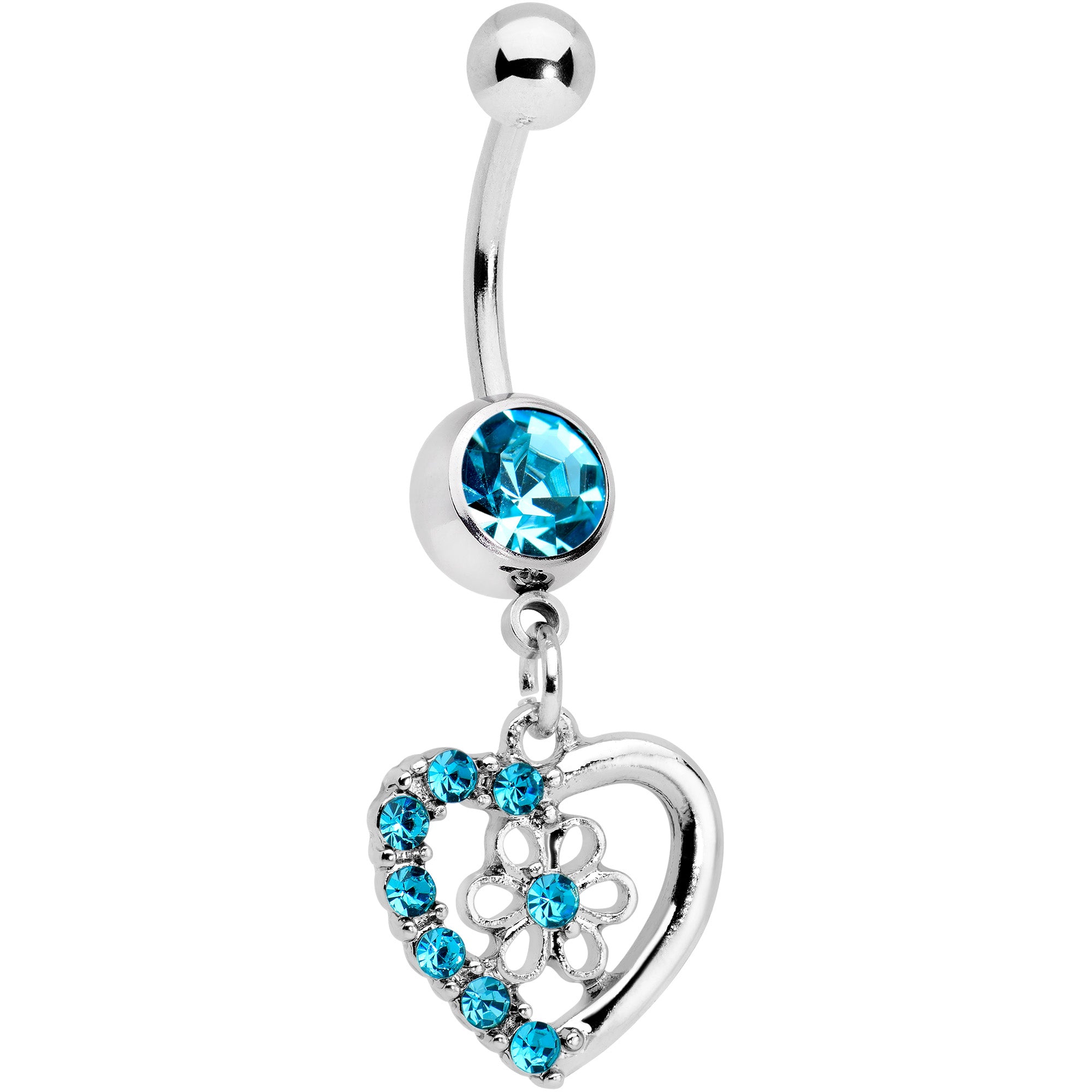 Blue Gem Floral Hollow Heart Valentines Day Dangle Belly Ring