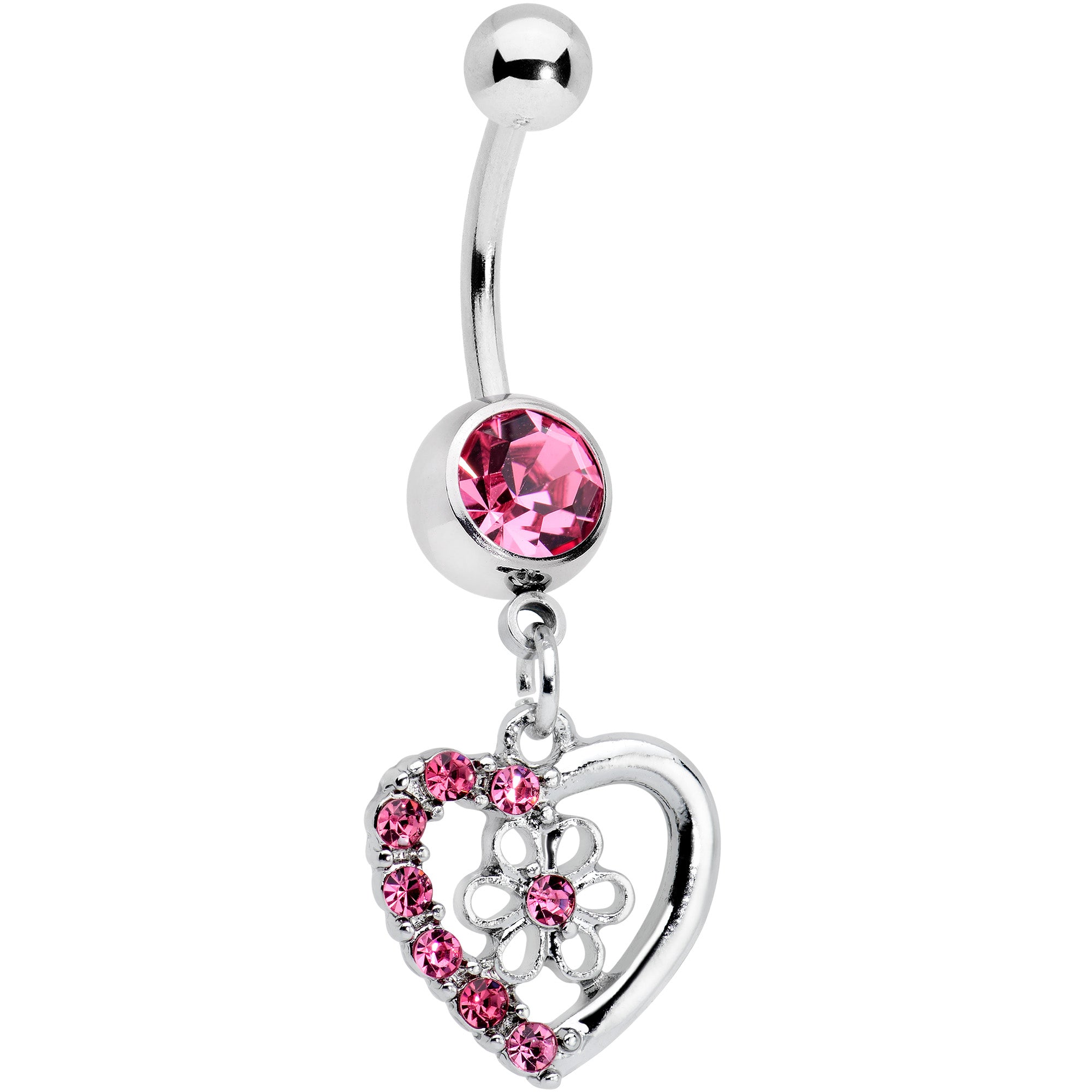 Pink Gem Floral Hollow Heart Valentines Day Dangle Belly Ring