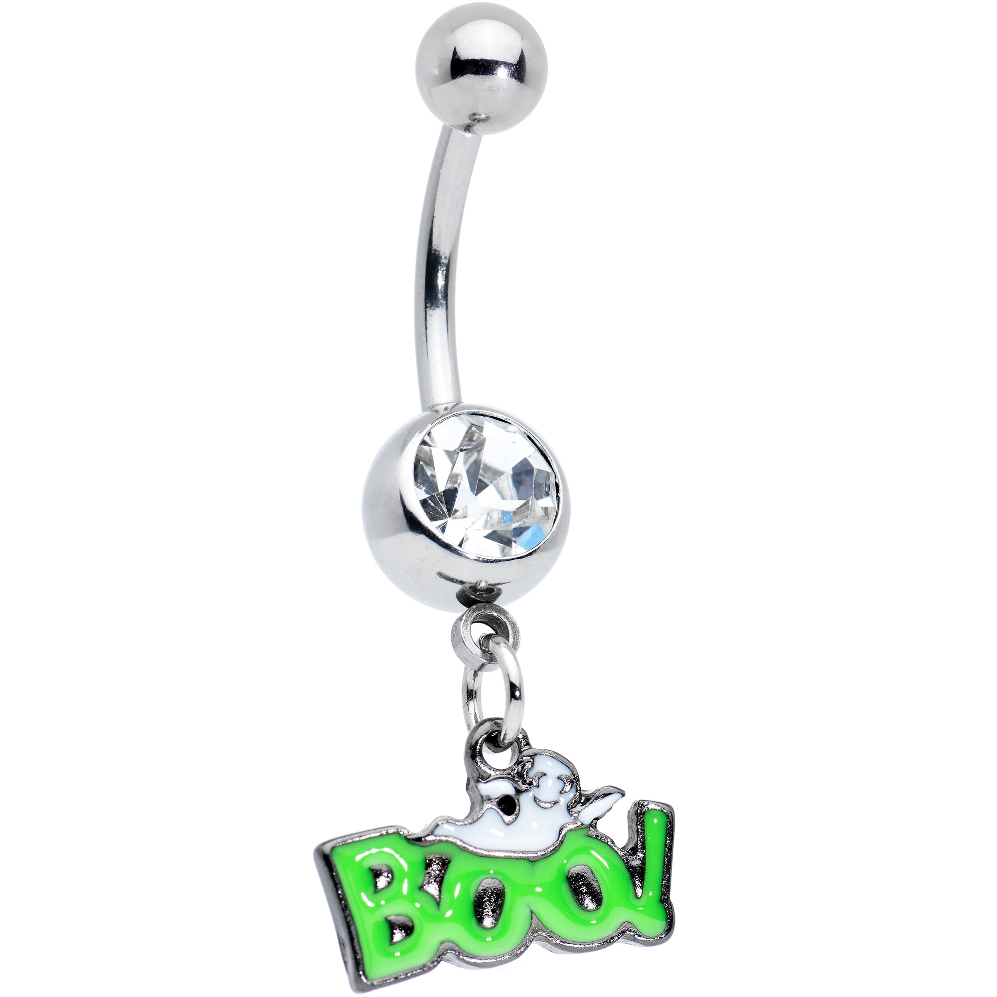 Clear Gem Green Boo Ghost Halloween Dangle Belly Ring