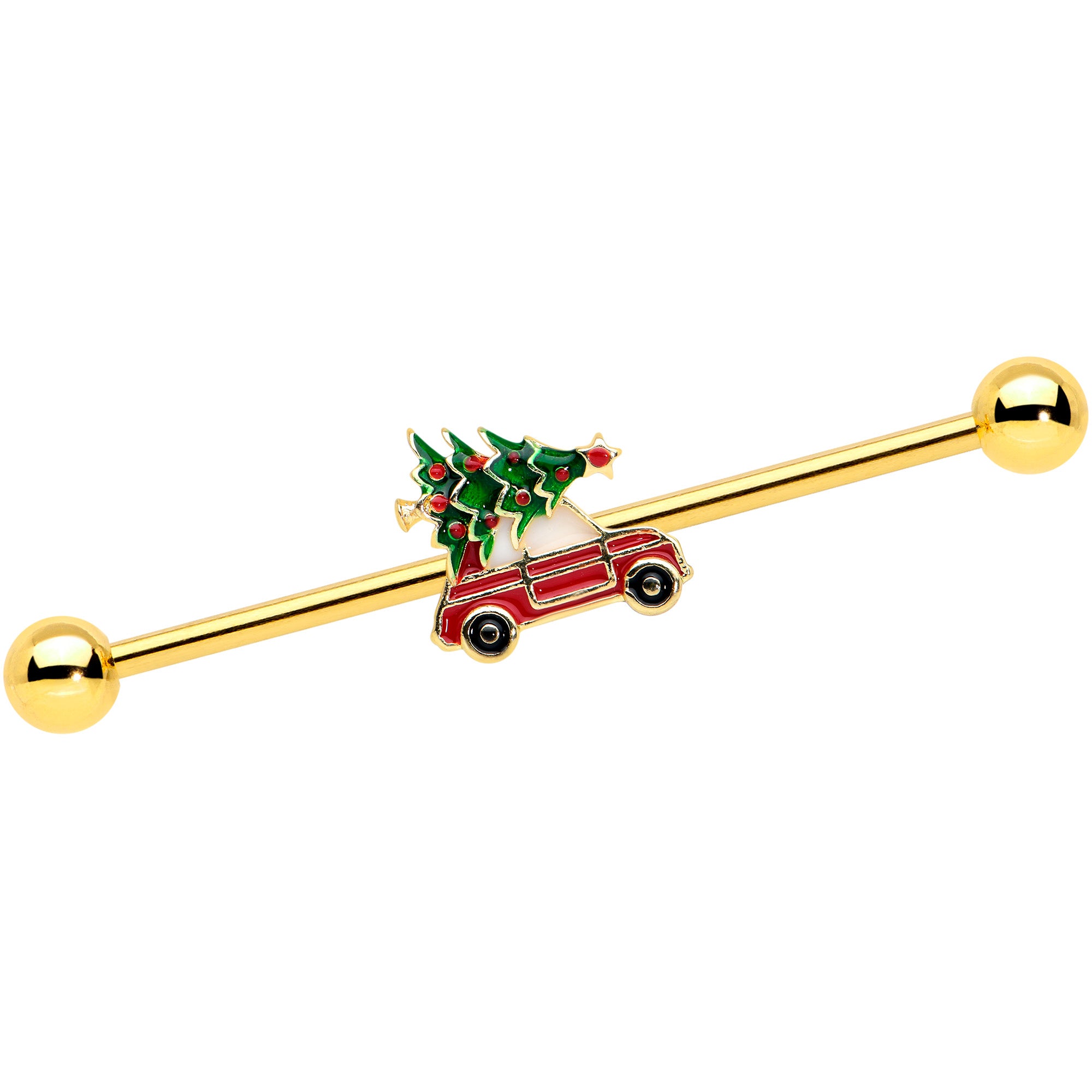 14 Gauge Gold Tone Buggy Christmas Tree Industrial Barbell 38mm