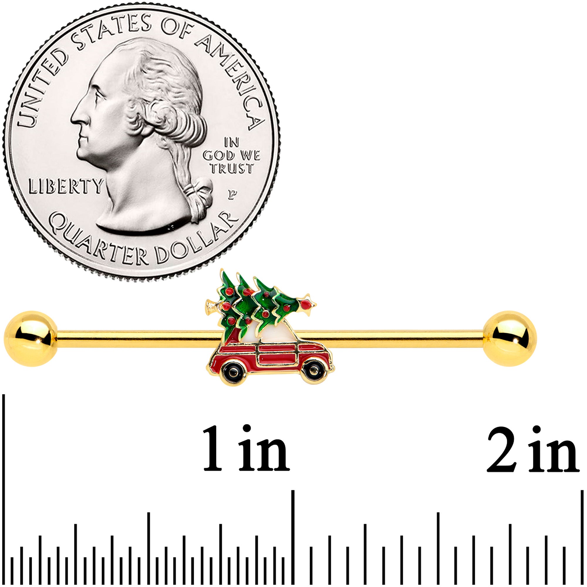 14 Gauge Gold Tone Buggy Christmas Tree Industrial Barbell 38mm