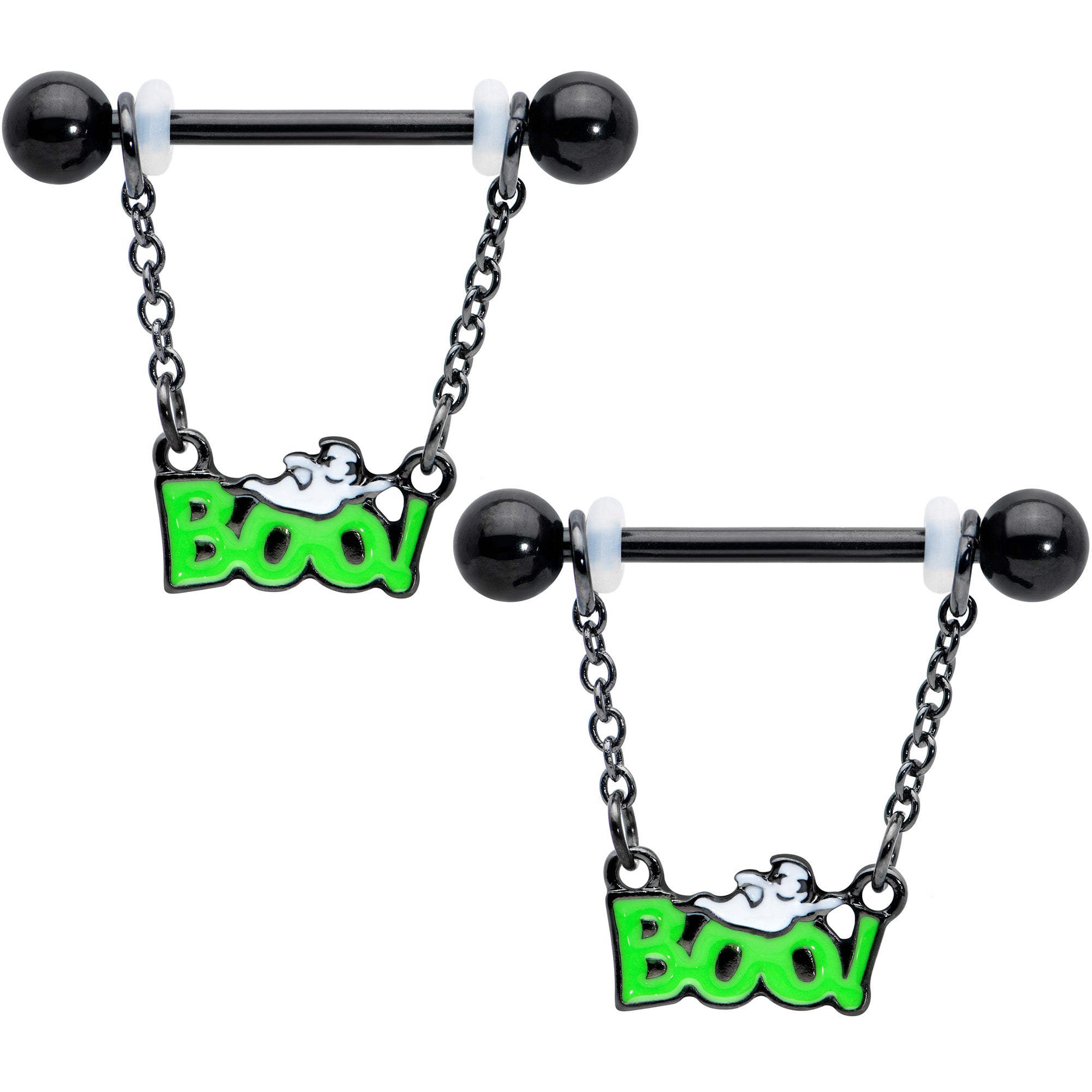 14 Gauge 5/8 Black Green Boo Smile Ghost Chain Dangle Nipple Ring Set