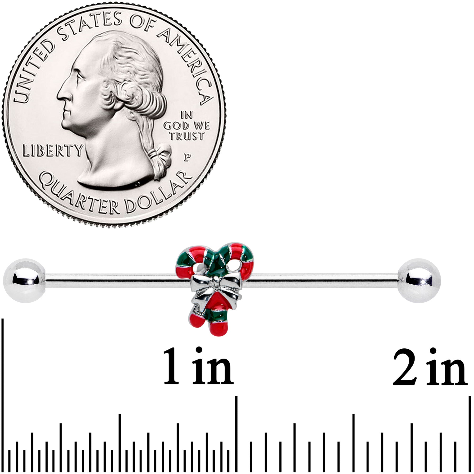 14 Gauge Pair of Candy Canes Christmas Industrial Barbell 38mm