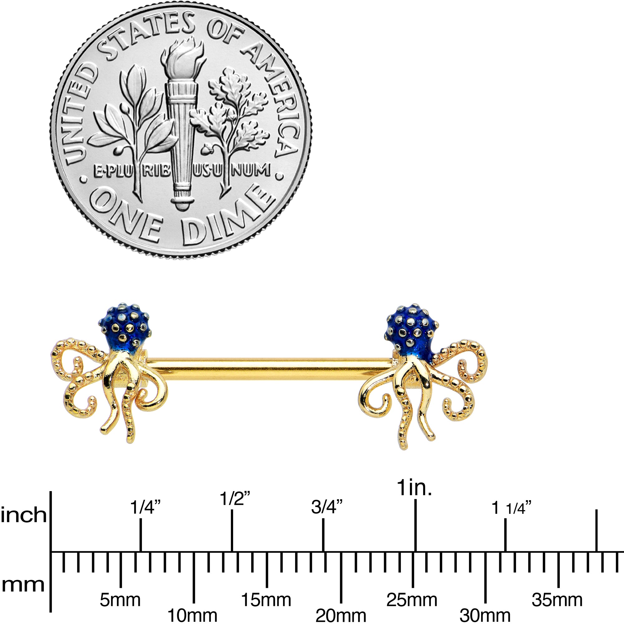 14 Gauge 9/16 Gold Tone Textured Blue Octopus Barbell Nipple Ring Set