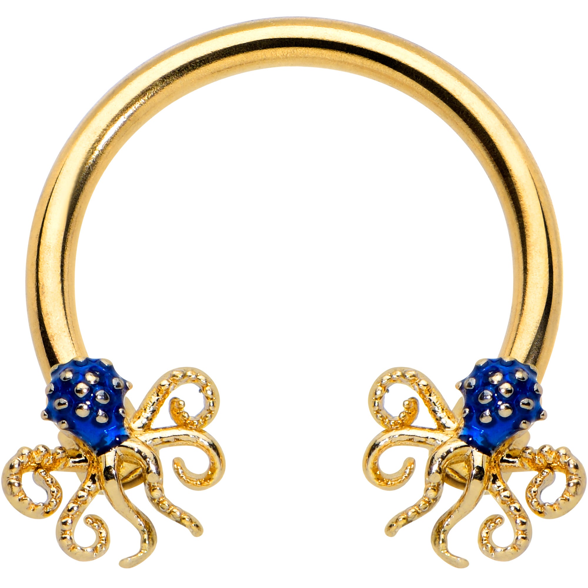 16 Gauge 3/8 Gold Tone Blue Octopus Ends Horseshoe Circular Barbell