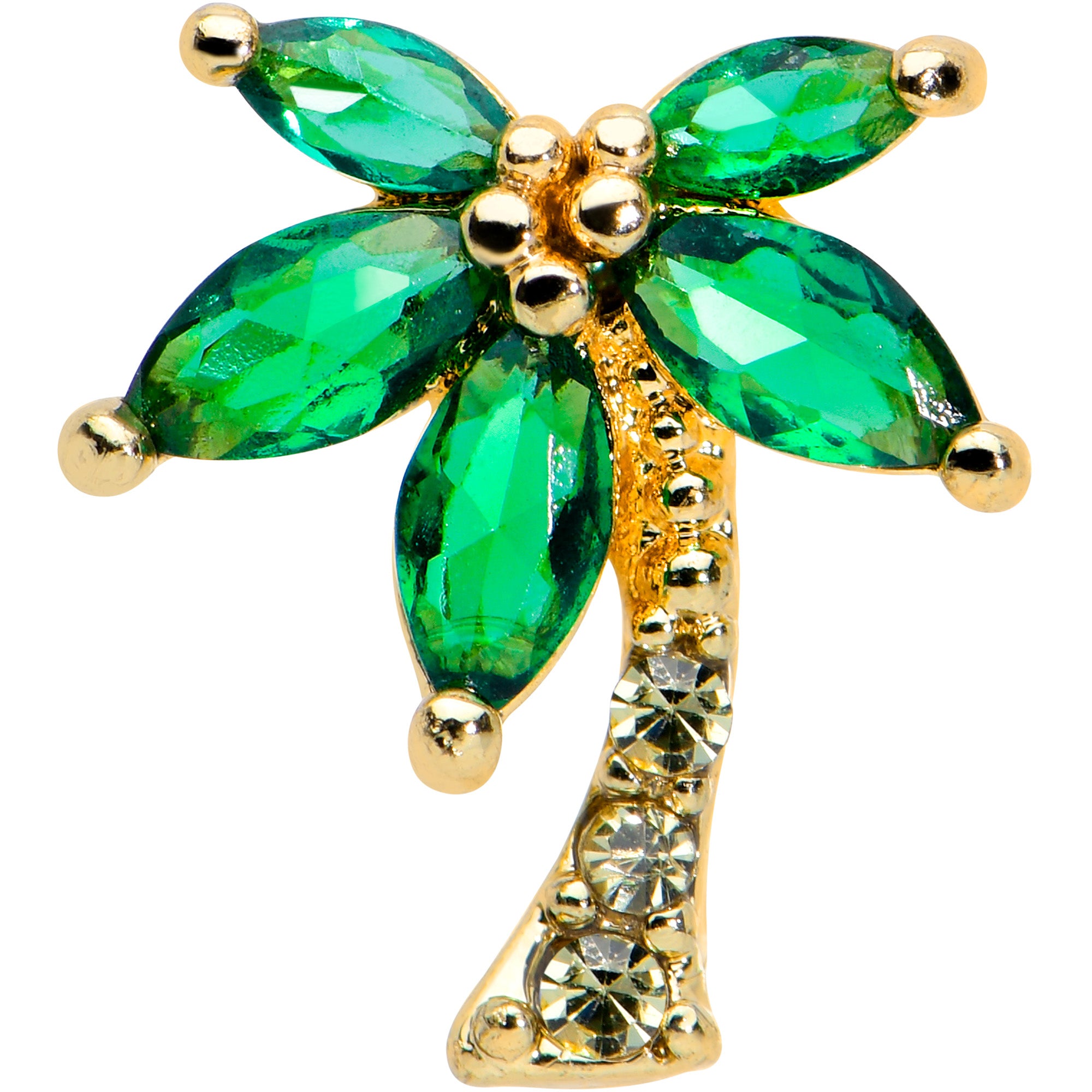 16 Gauge 1/4 Clear Green Gem Gold Tone Palm Tree Cartilage Tragus