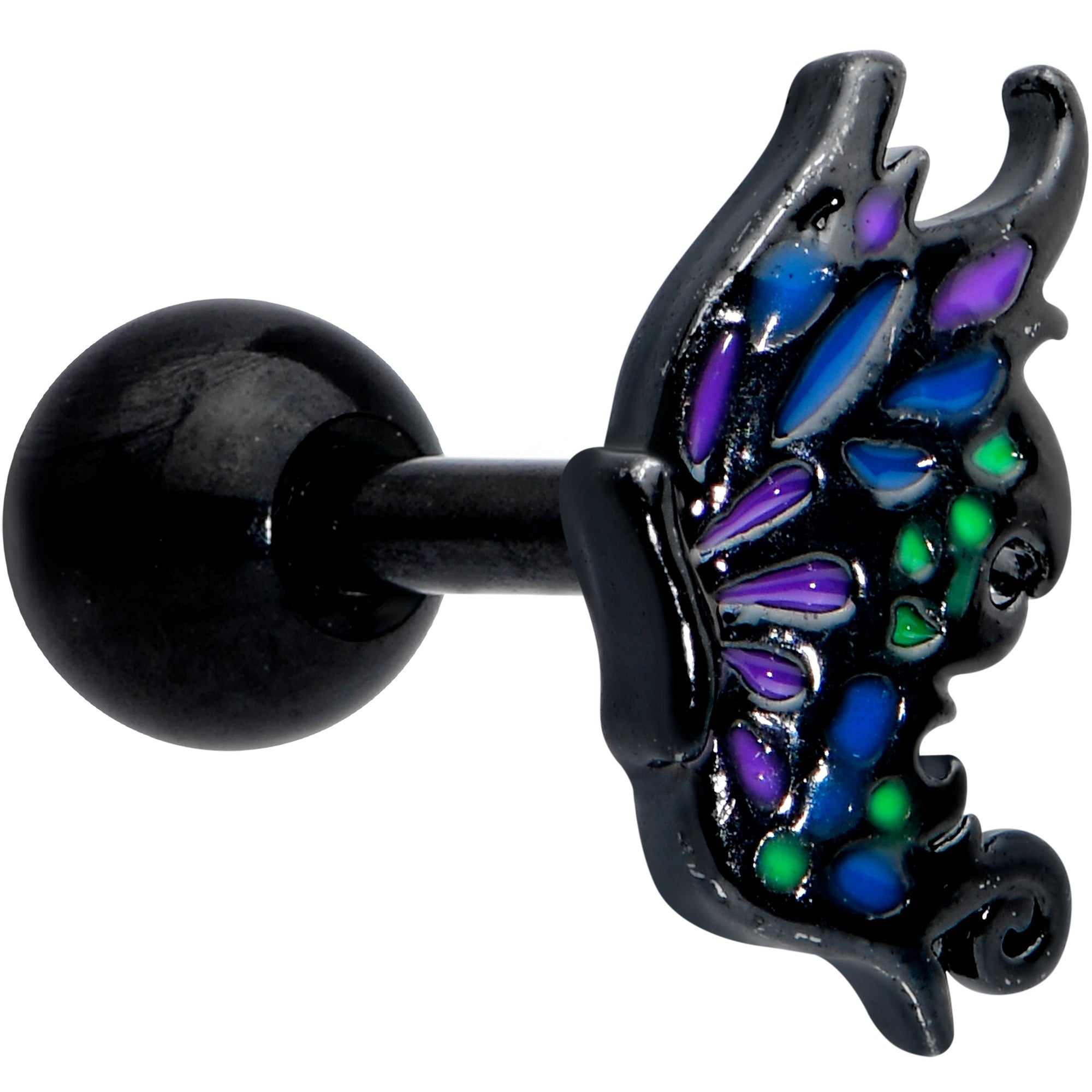 16 Gauge 1/4 Black Purple Wings Butterfly Cartilage Tragus Earring