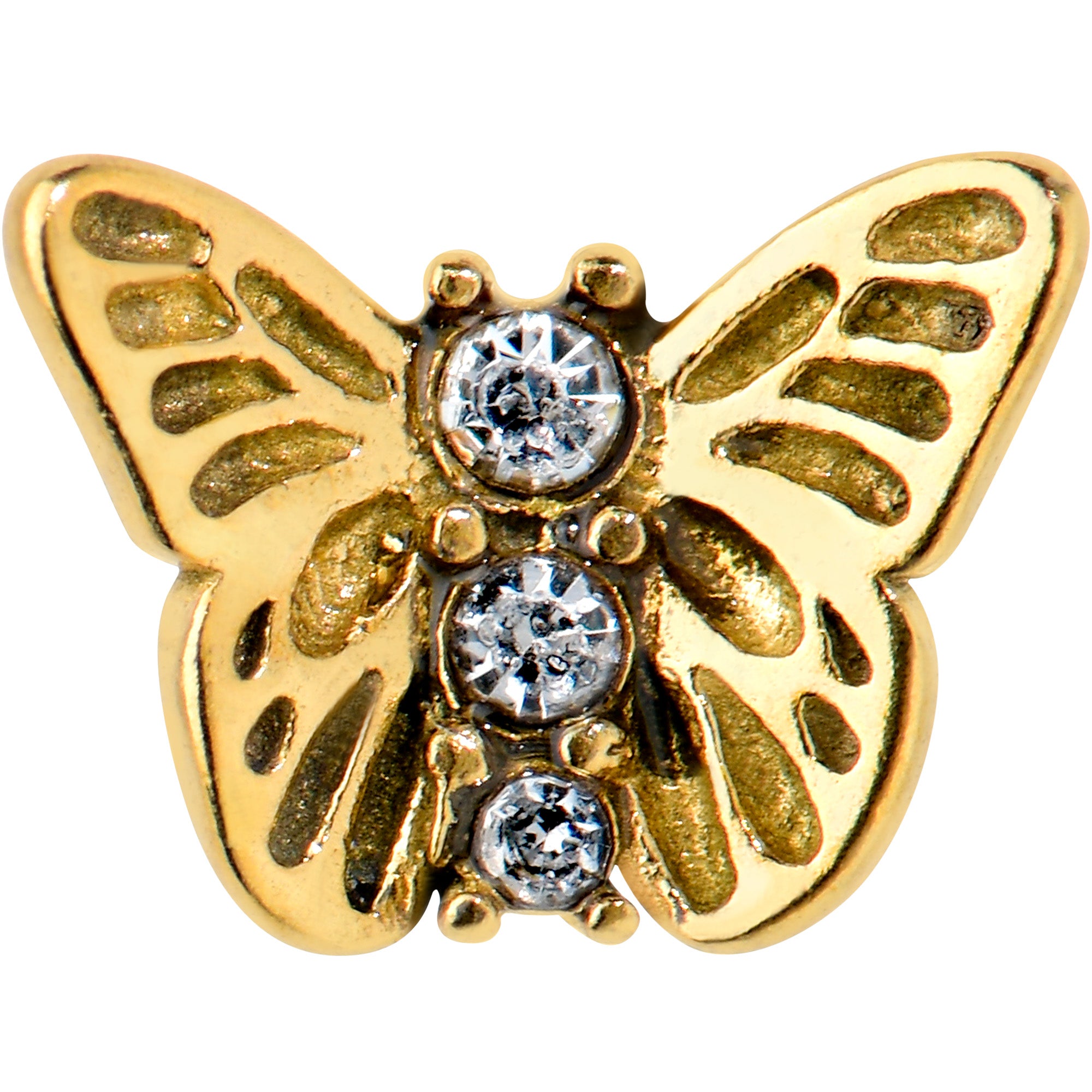 Clear CZ Gem Gold Tone Open Butterfly Barbell Tongue Ring