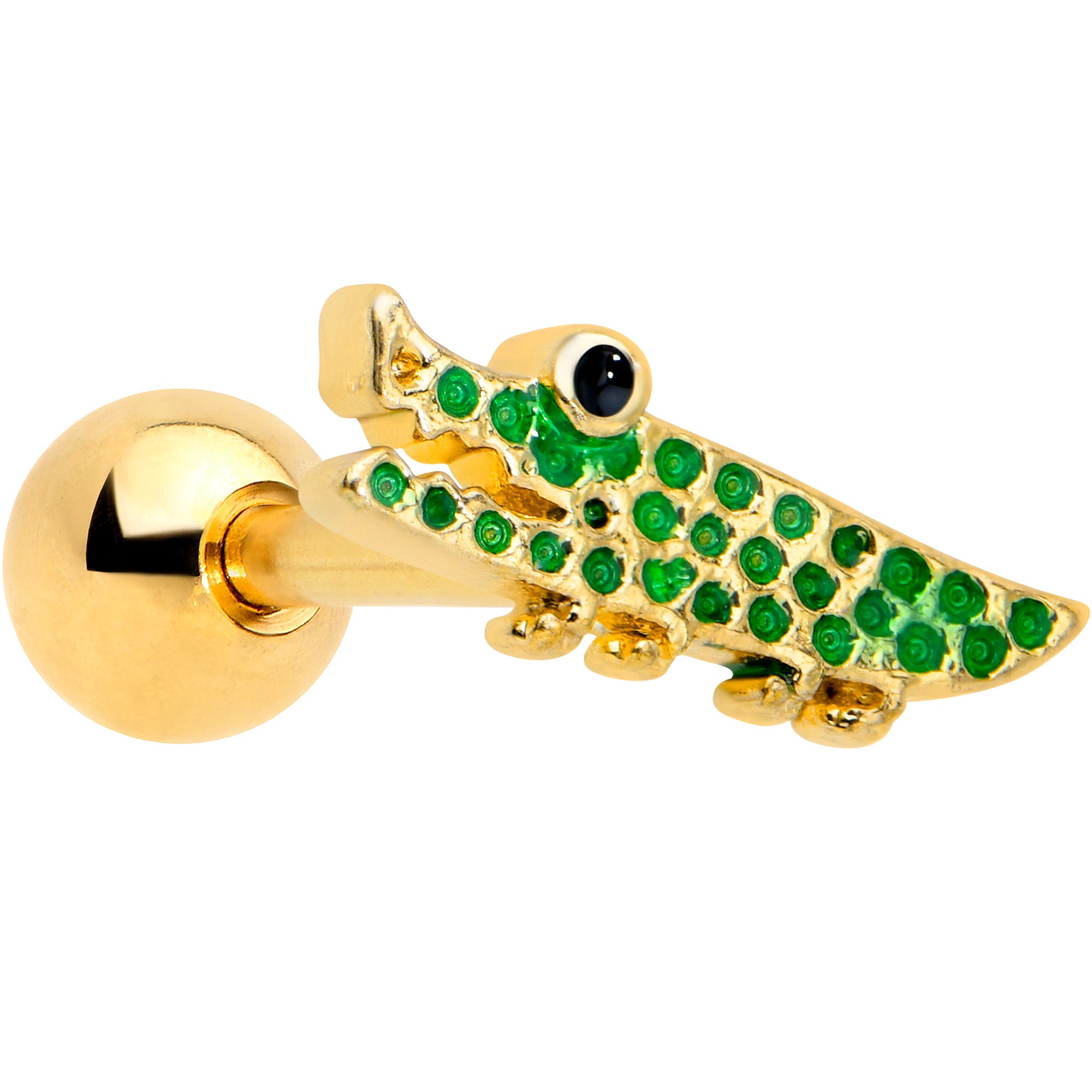 16 Gauge 1/4 Gold Tone Green Hungry Alligator Cartilage Tragus Earring