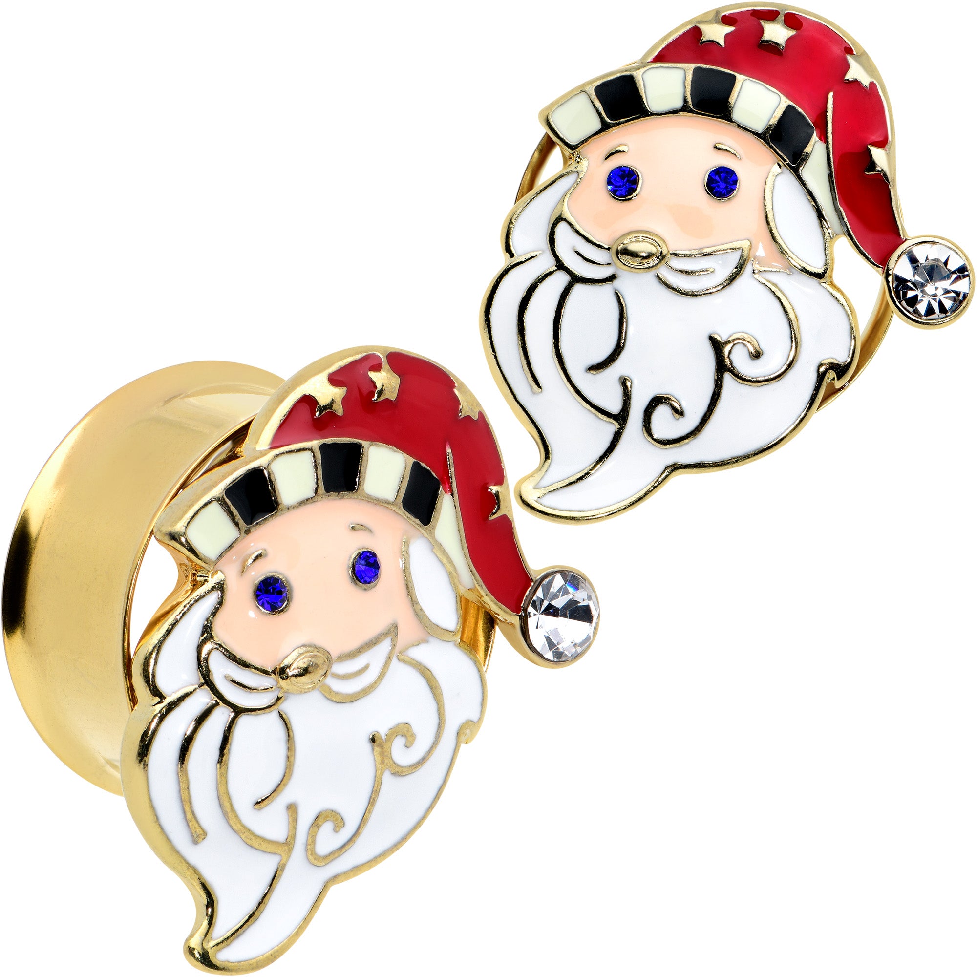 Color Gem Gold Tone Snazzy Santa Christmas Double Flare Plug Set