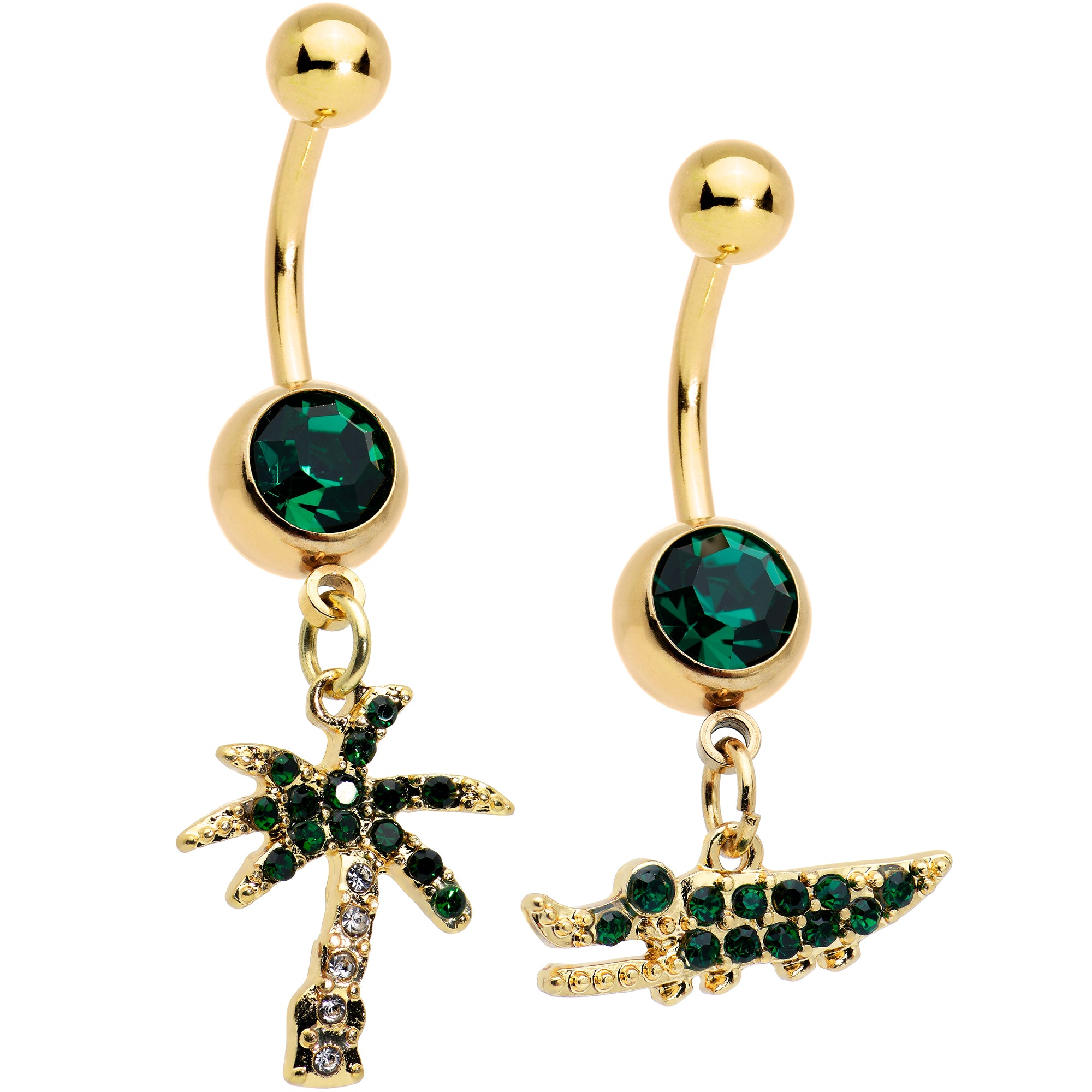 Green Gem Gold Tone Gator Palm Tree Dangle Belly Ring Set of 2