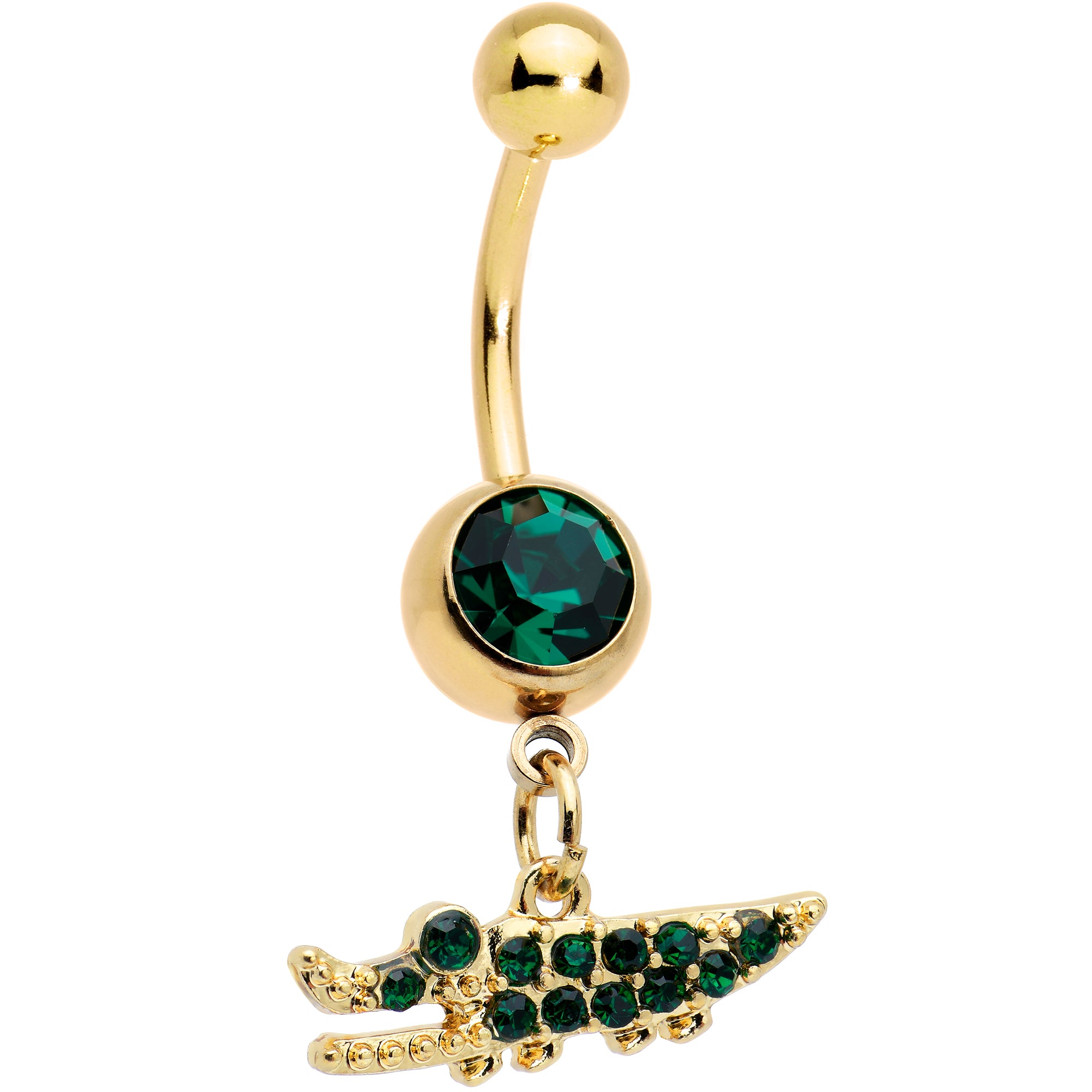 Green Gem Gold Tone Gator Palm Tree Dangle Belly Ring Set of 2