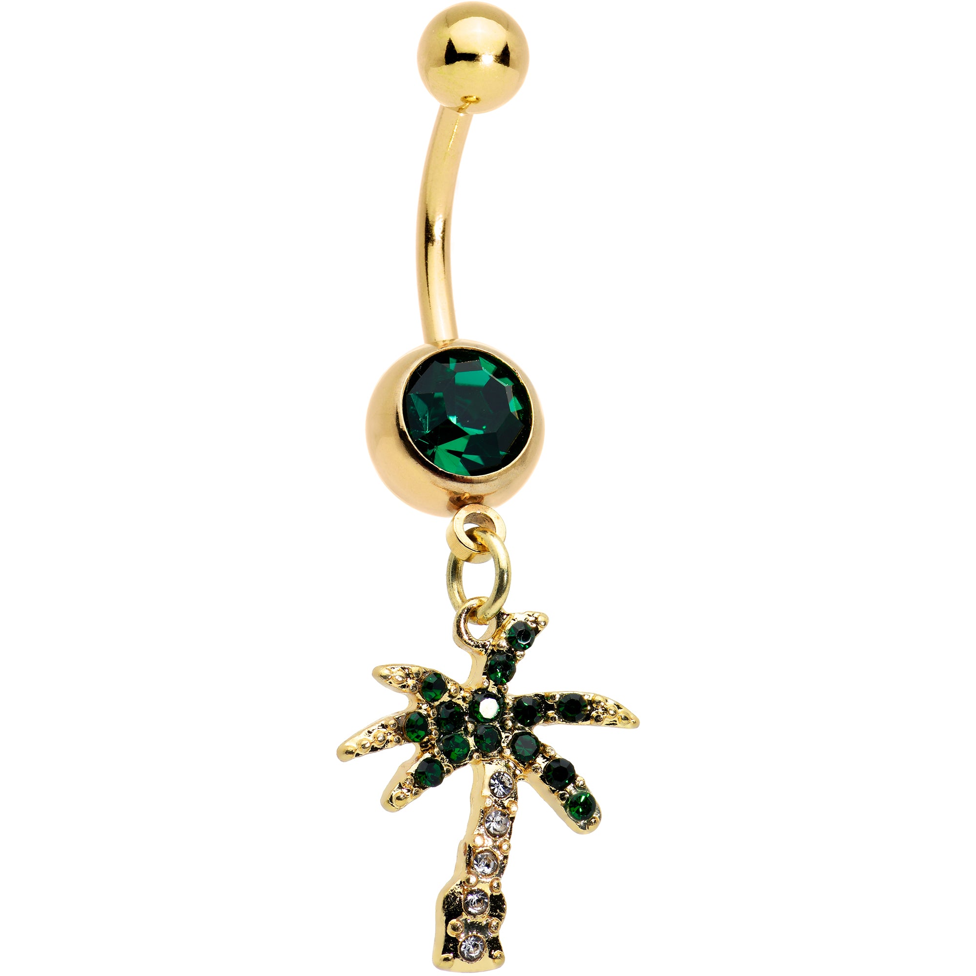 Green Gem Gold Tone Gator Palm Tree Dangle Belly Ring Set of 2