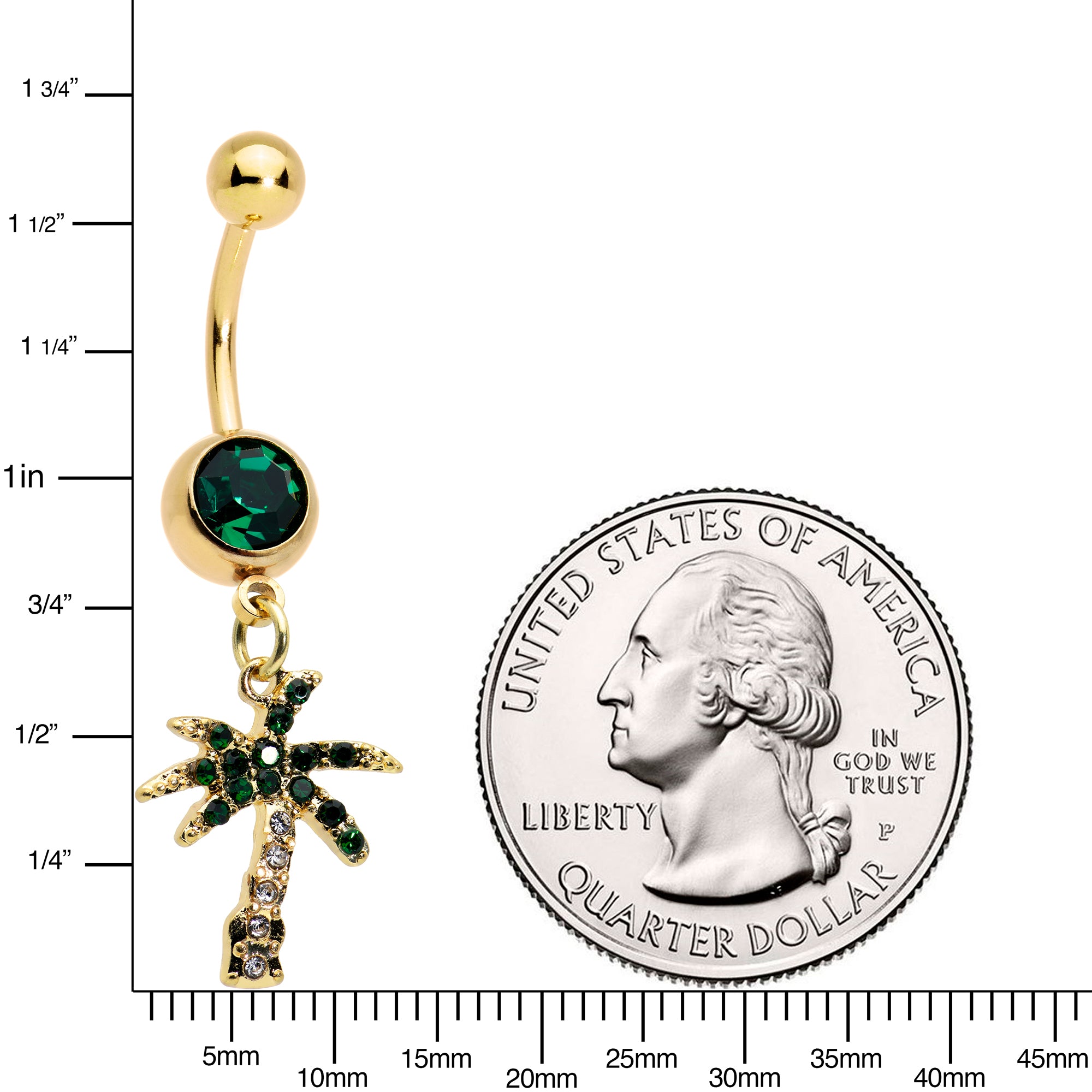 Green Gem Gold Tone Gator Palm Tree Dangle Belly Ring Set of 2