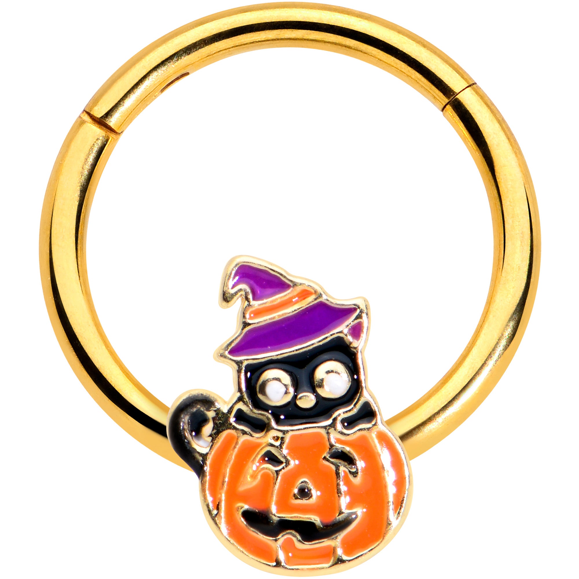 16 Gauge 3/8 Gold Tone Black Cat Witch Pumpkin Hinged Segment Ring