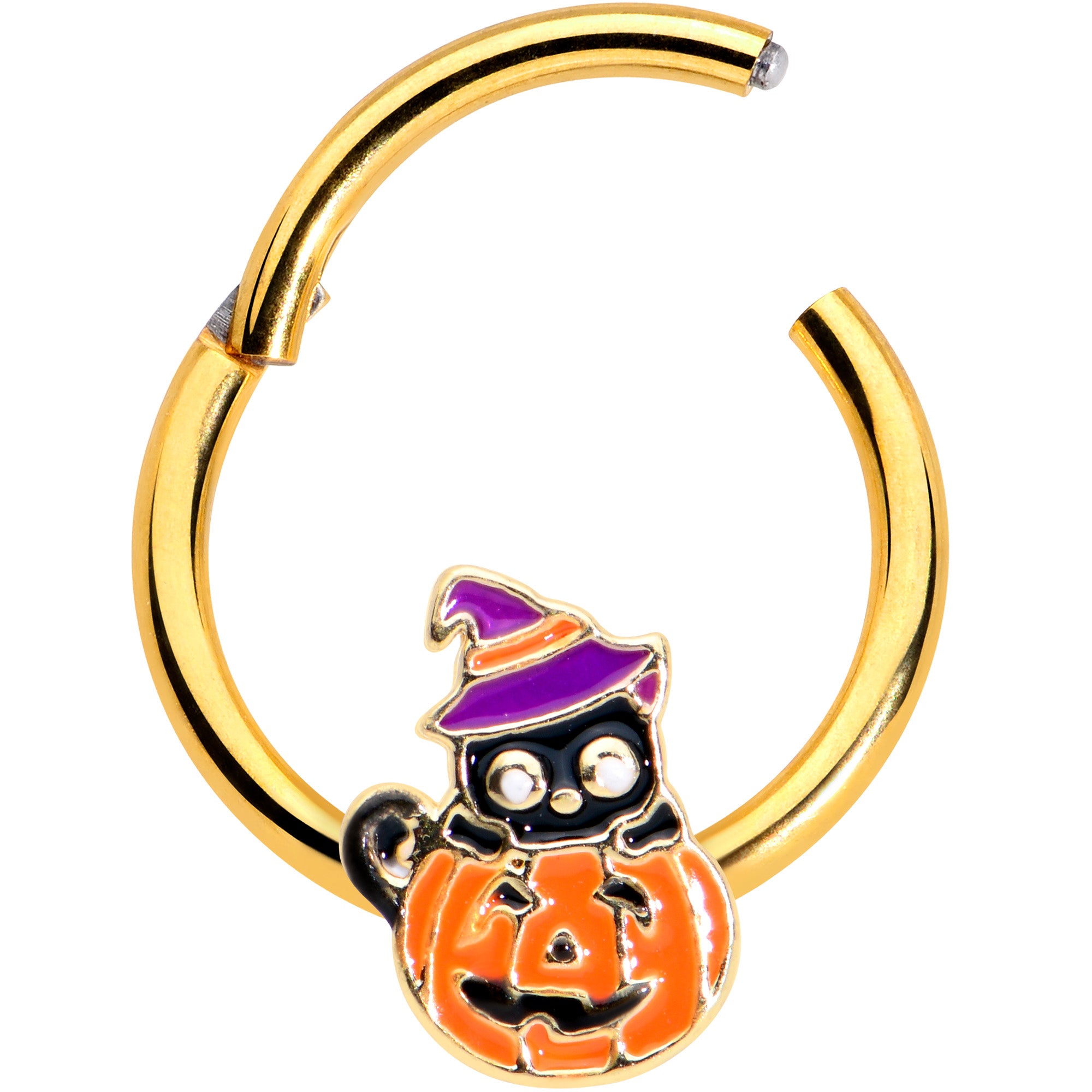 16 Gauge 3/8 Gold Tone Black Cat Witch Pumpkin Hinged Segment Ring