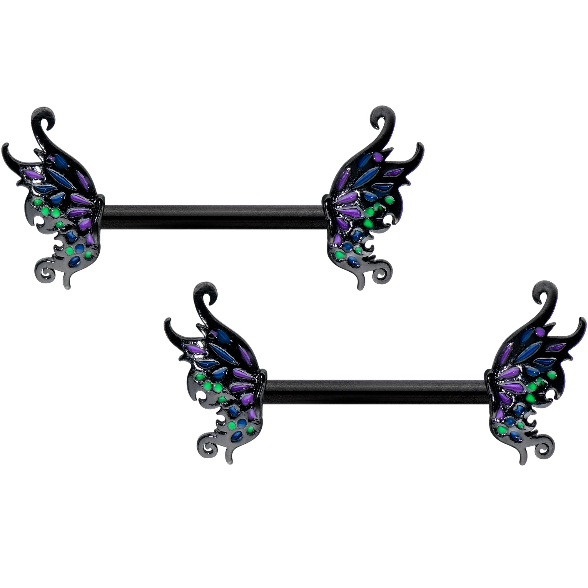 14 Gauge 1/2 Black Faerie Wings Fantasy Barbell Nipple Ring Set