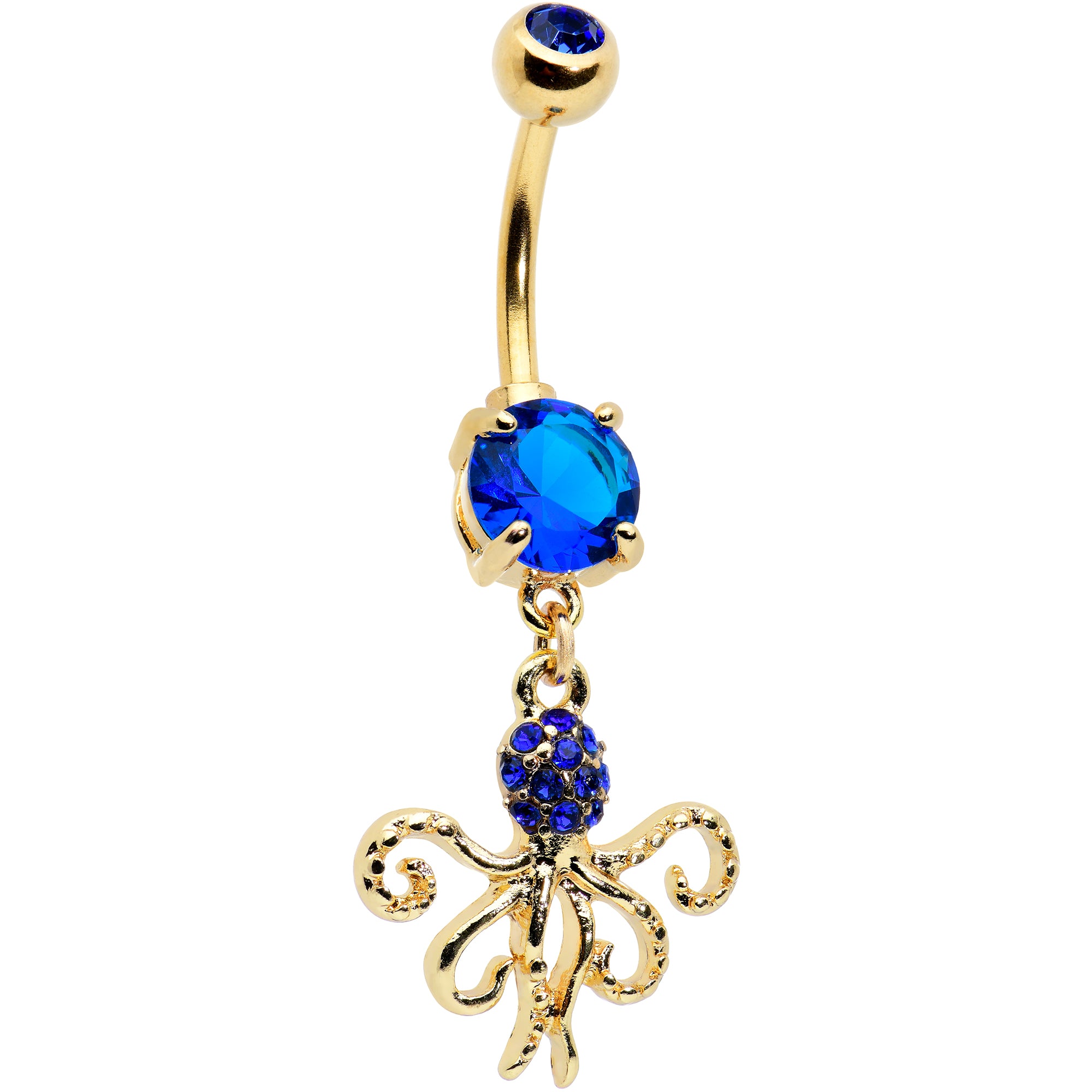 Blue Gem Gold Tone Textured Blue Octopus Dangle Belly Ring