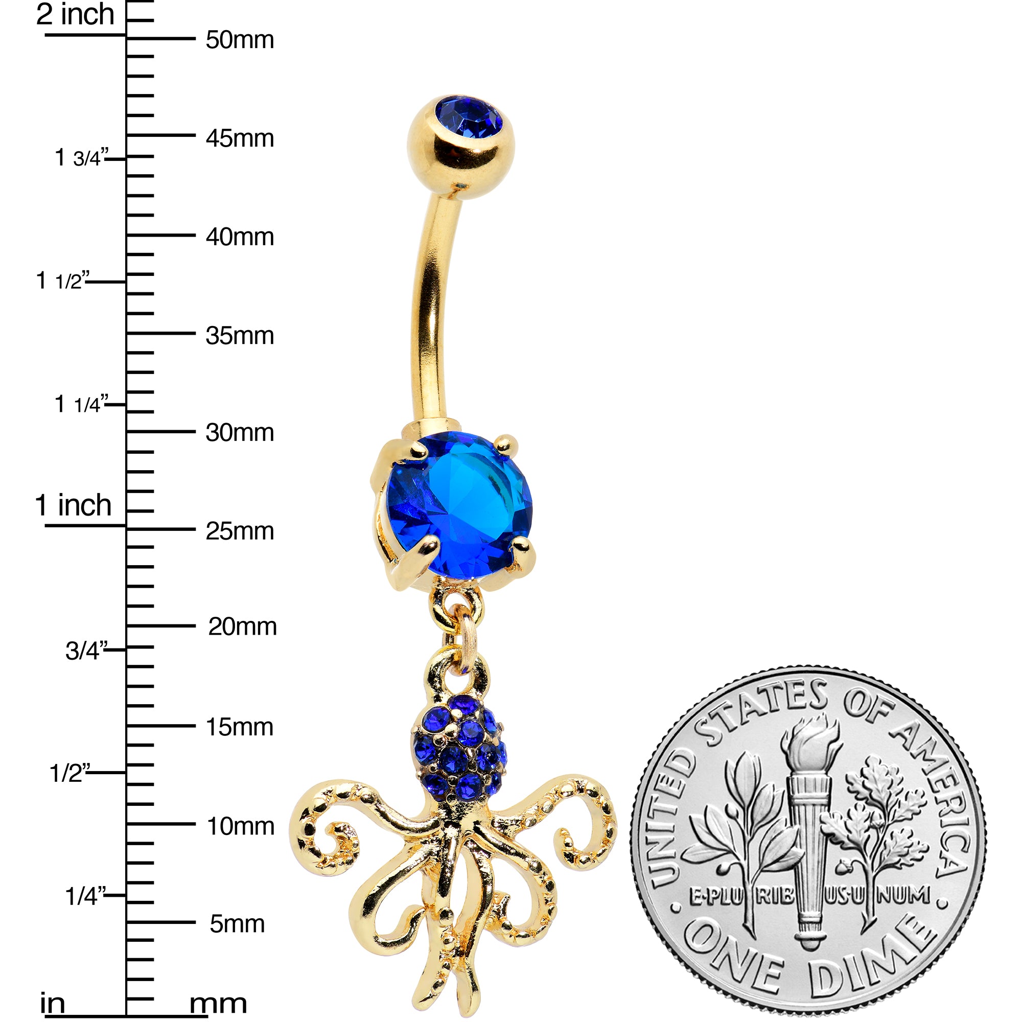 Blue Gem Gold Tone Textured Blue Octopus Dangle Belly Ring