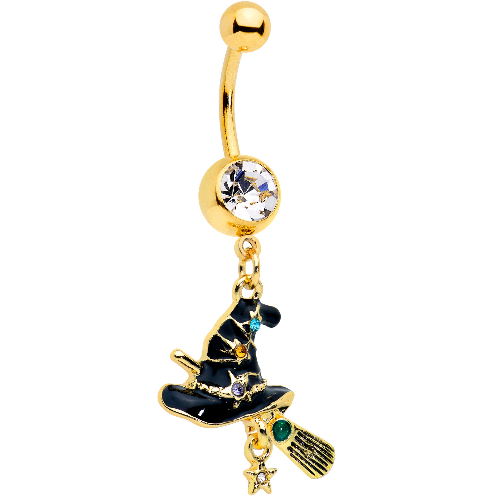 Clear Green Gem Gold Tone Witch Hat Broom Halloween Dangle Belly Ring