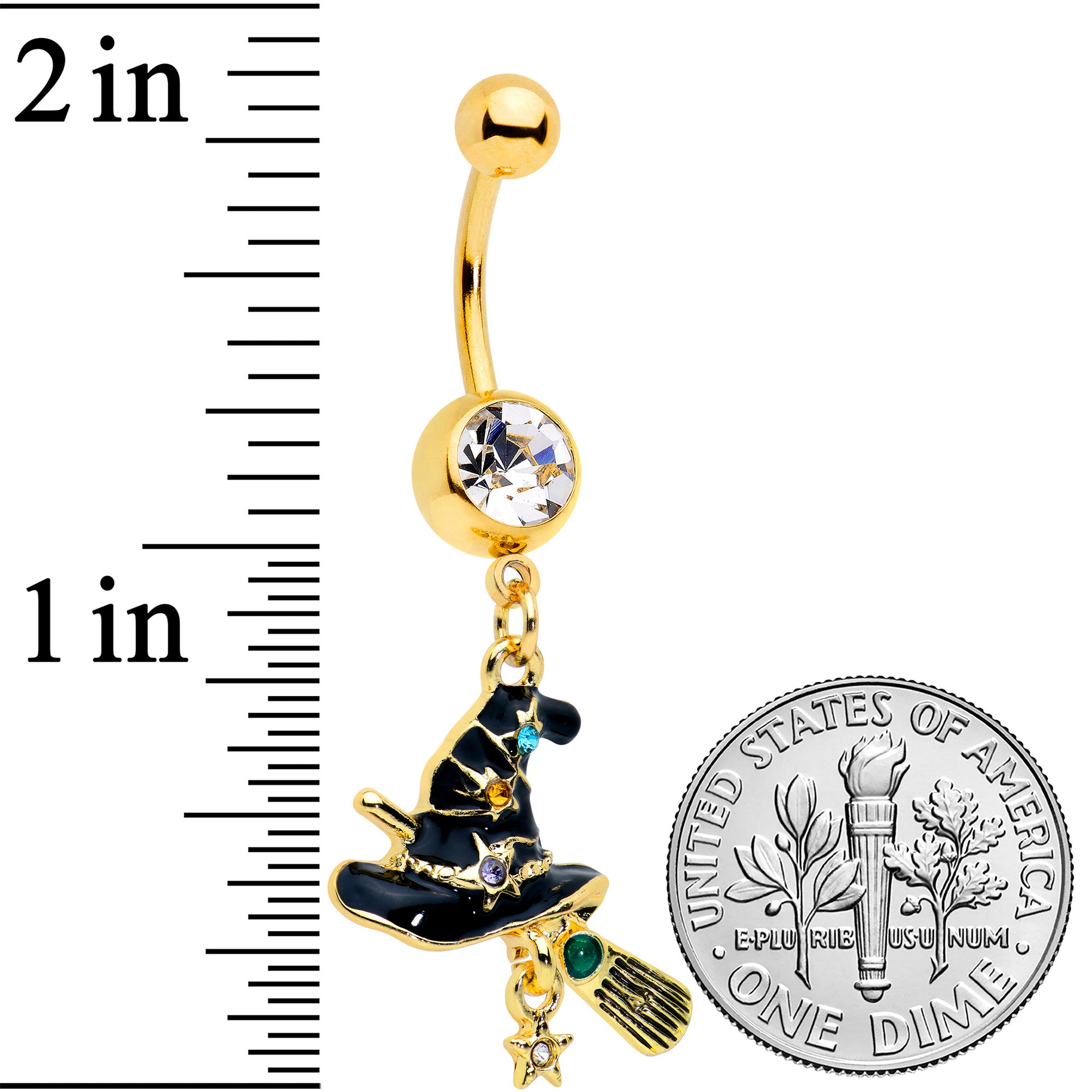 Clear Green Gem Gold Tone Witch Hat Broom Halloween Dangle Belly Ring