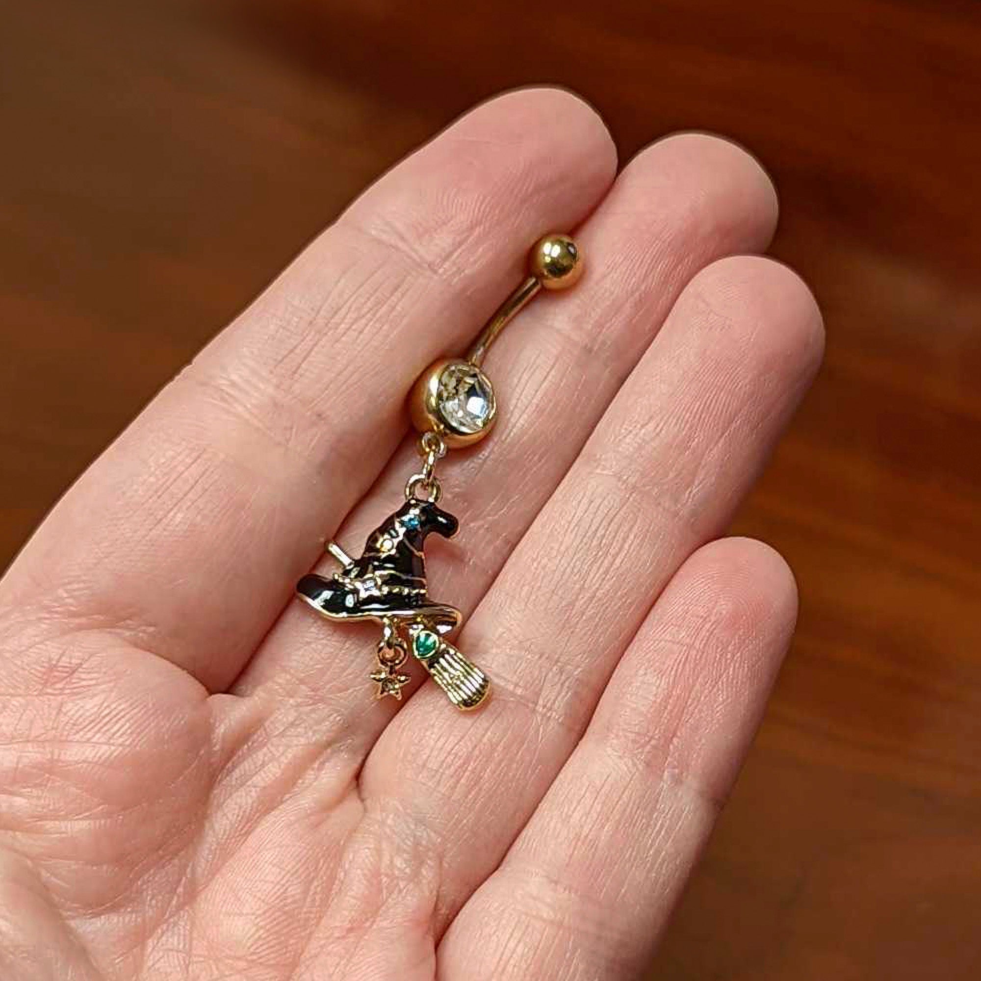 Clear Green Gem Gold Tone Witch Hat Broom Halloween Dangle Belly Ring