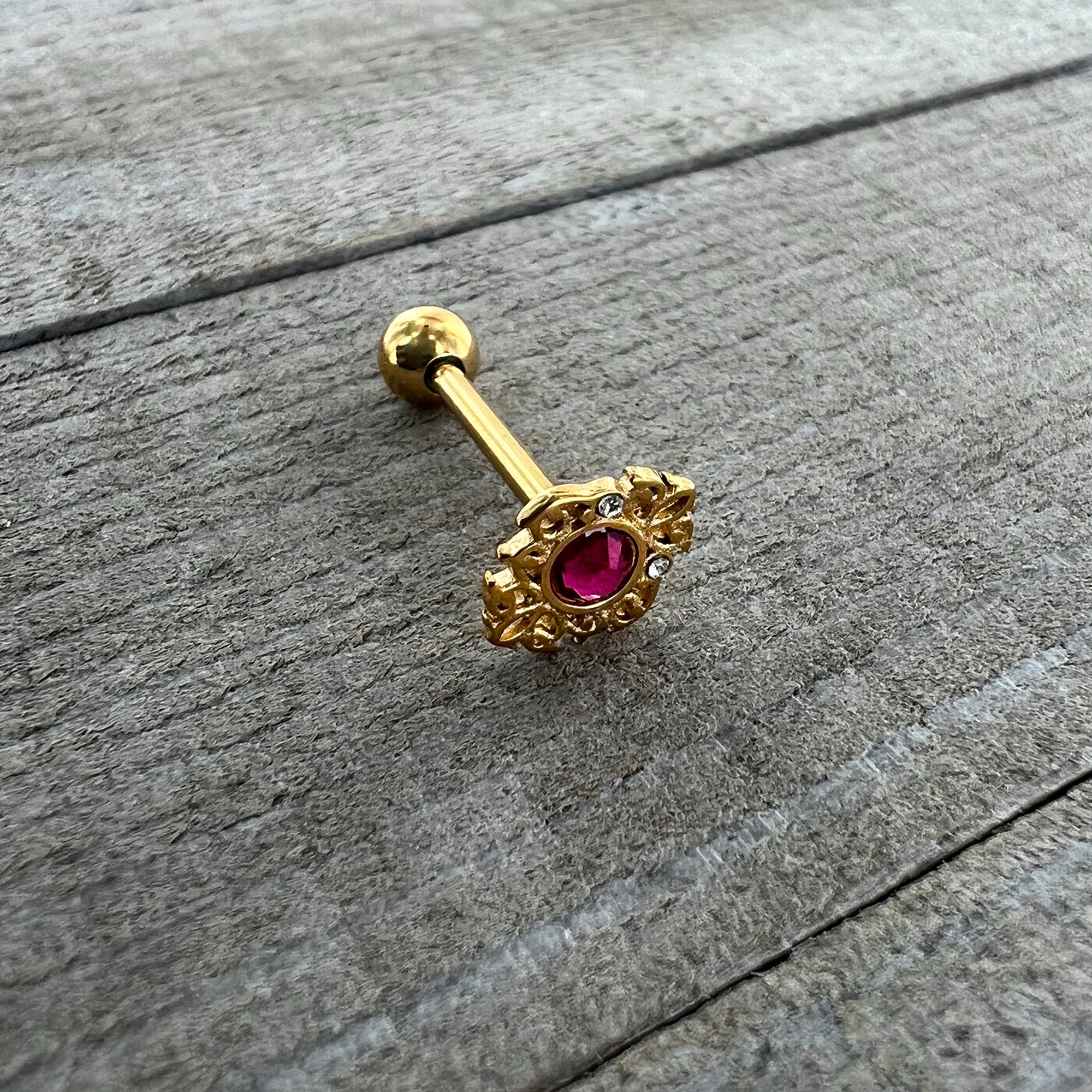 Pink Clear Gem Gold Tone Lace Love Barbell Tongue Ring