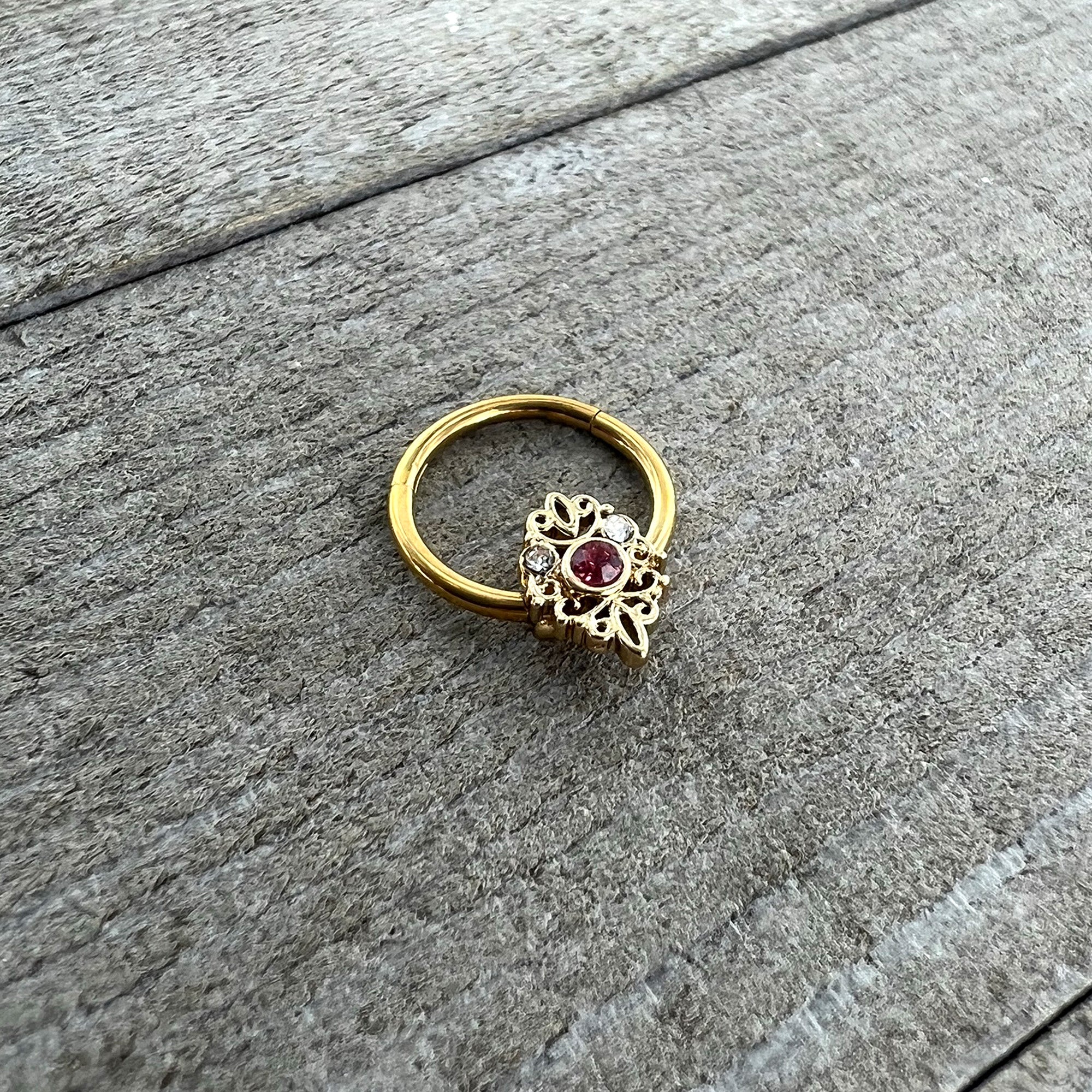 16 Gauge 3/8 Pink Clear Gem Gold Tone Lace Love Hinged Segment Ring