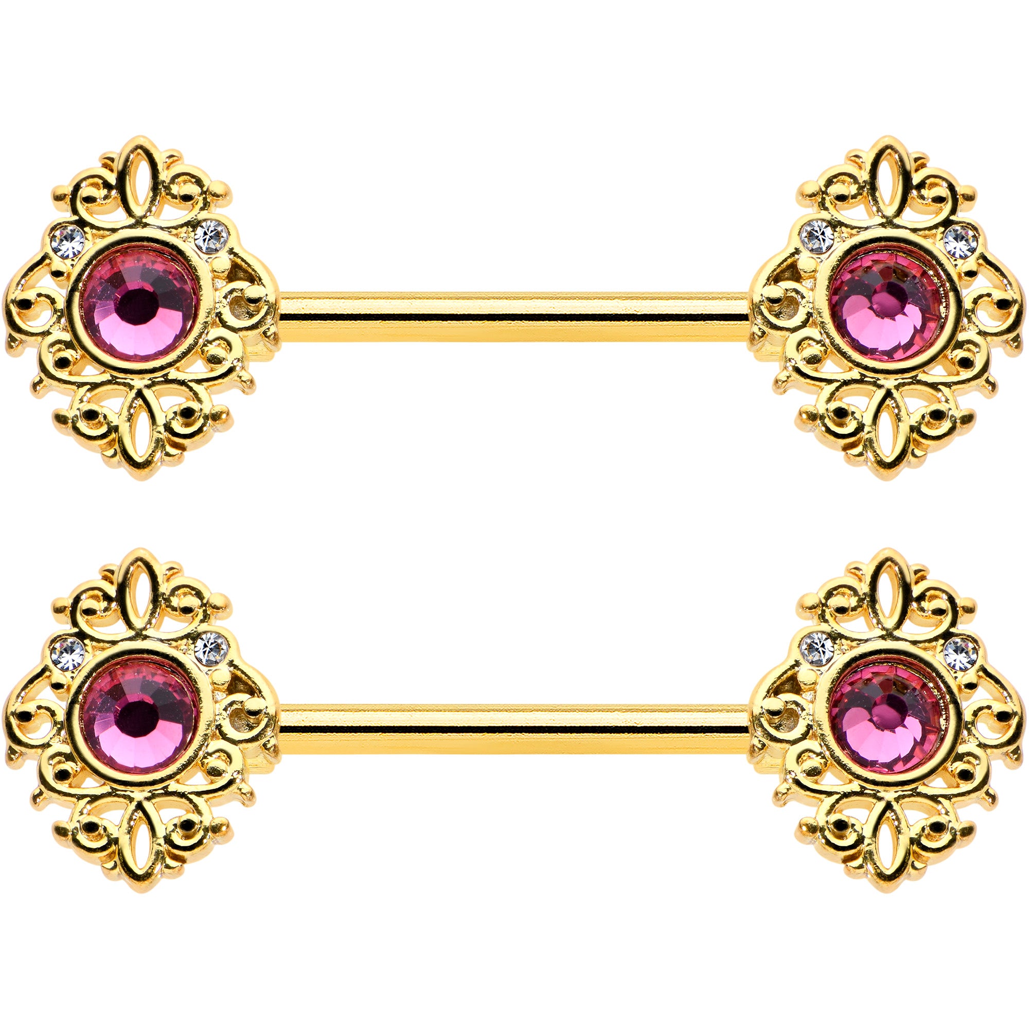 14 Gauge 9/16 Pink Gem Gold Hue Open Lace Love Barbell Nipple Ring Set