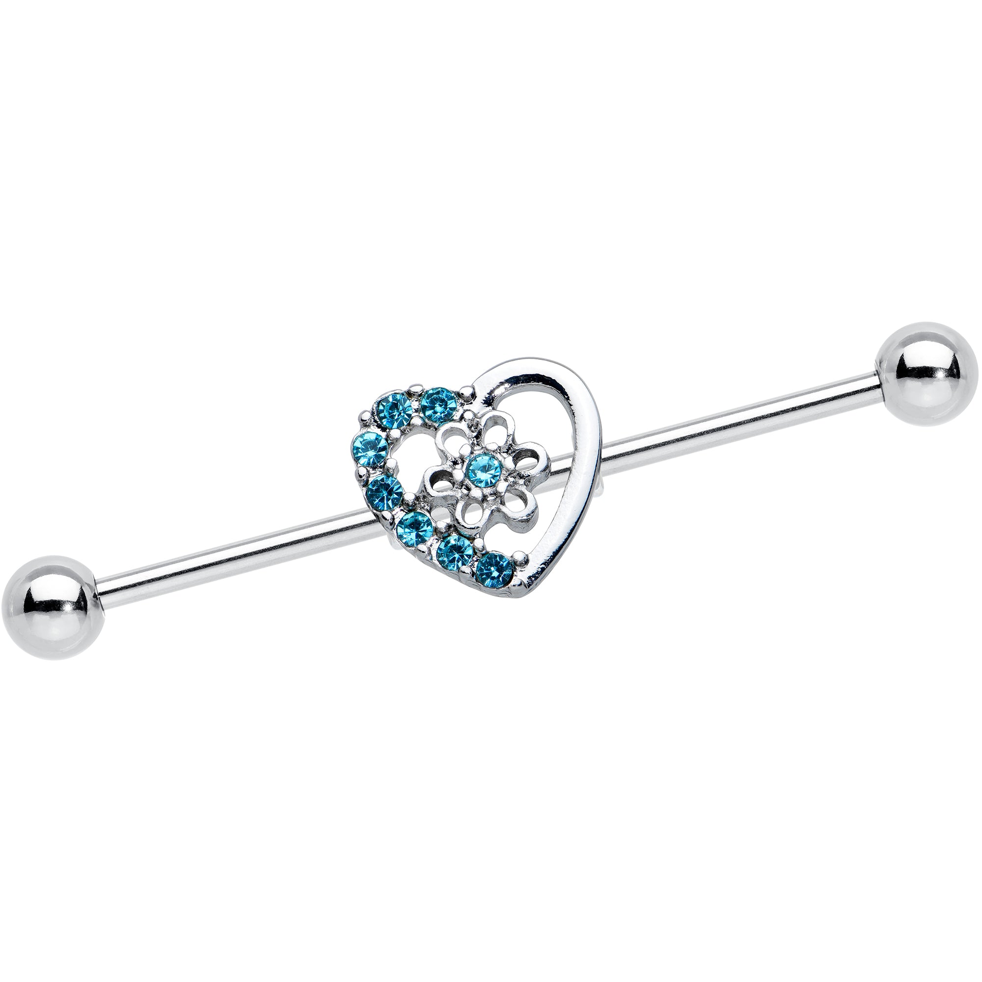 14 Gauge Blue Gem Floral Hollow Heart Industrial Barbell 38mm