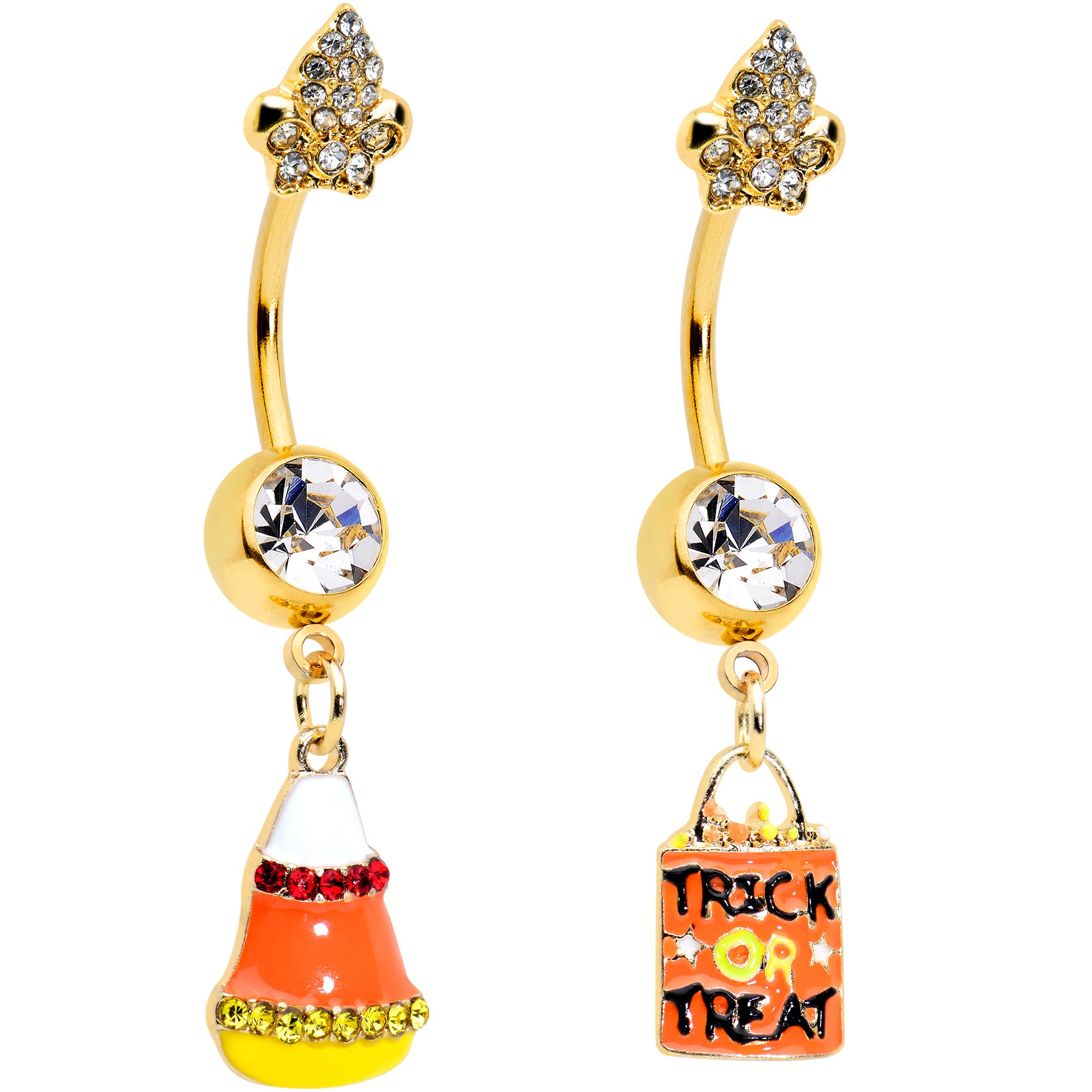 Clear Red Gem Gold Hue Candy Corn Treat Bag Dangle Belly Ring Set of 2