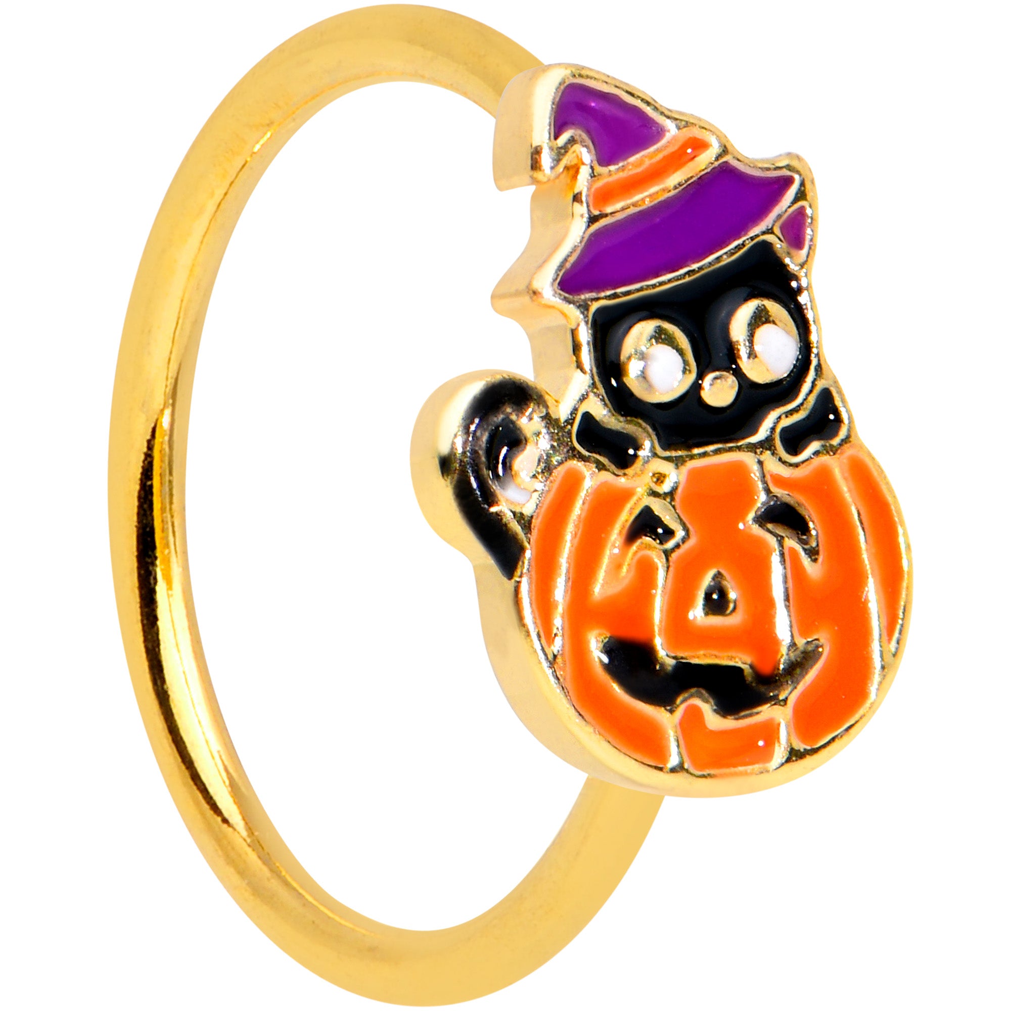 20 Gauge 5/16 Gold Tone Pumpkin Black Cat Halloween Nose Hoop