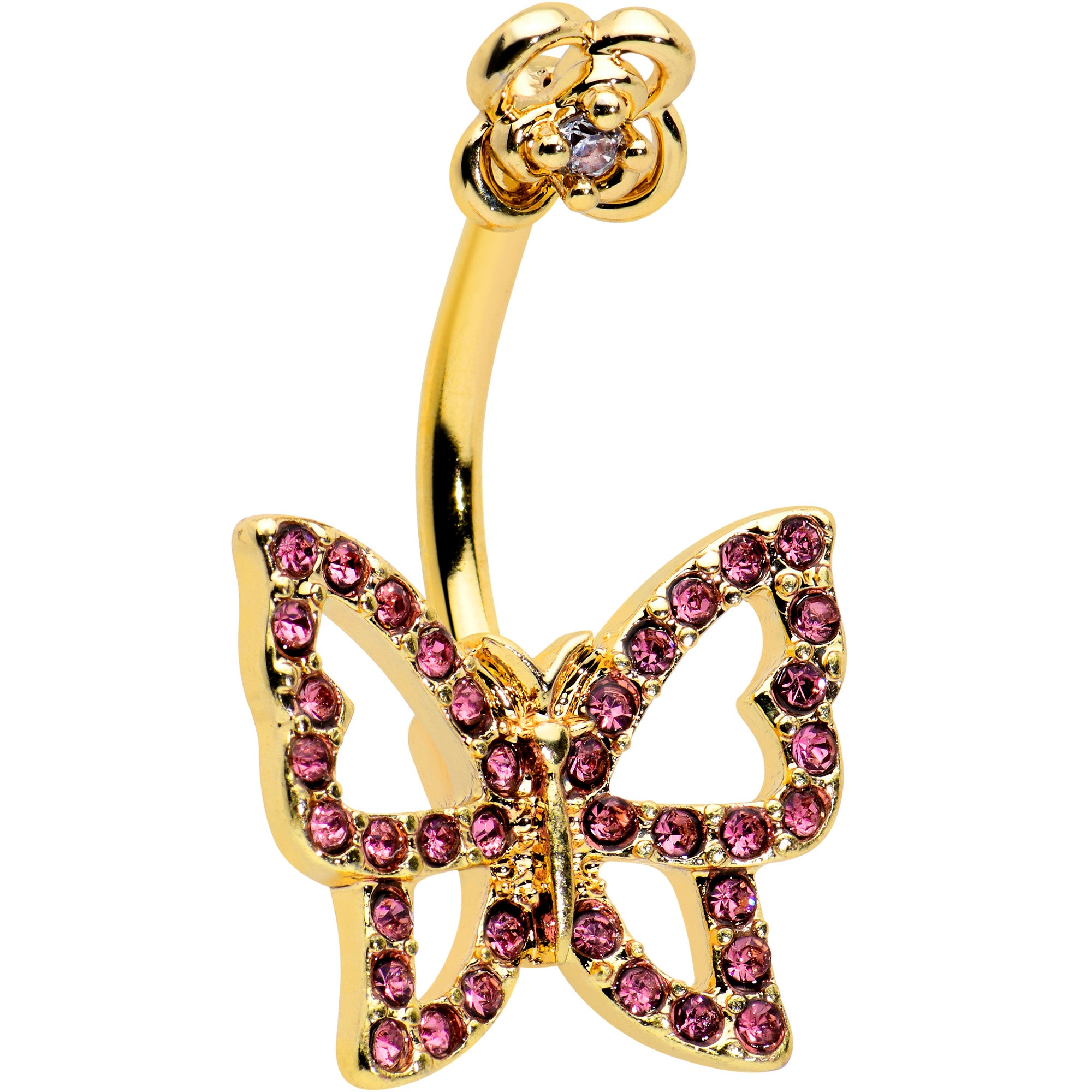 Pink Gem Gold Tone Simple Butterfly Flower Double Mount Belly Ring