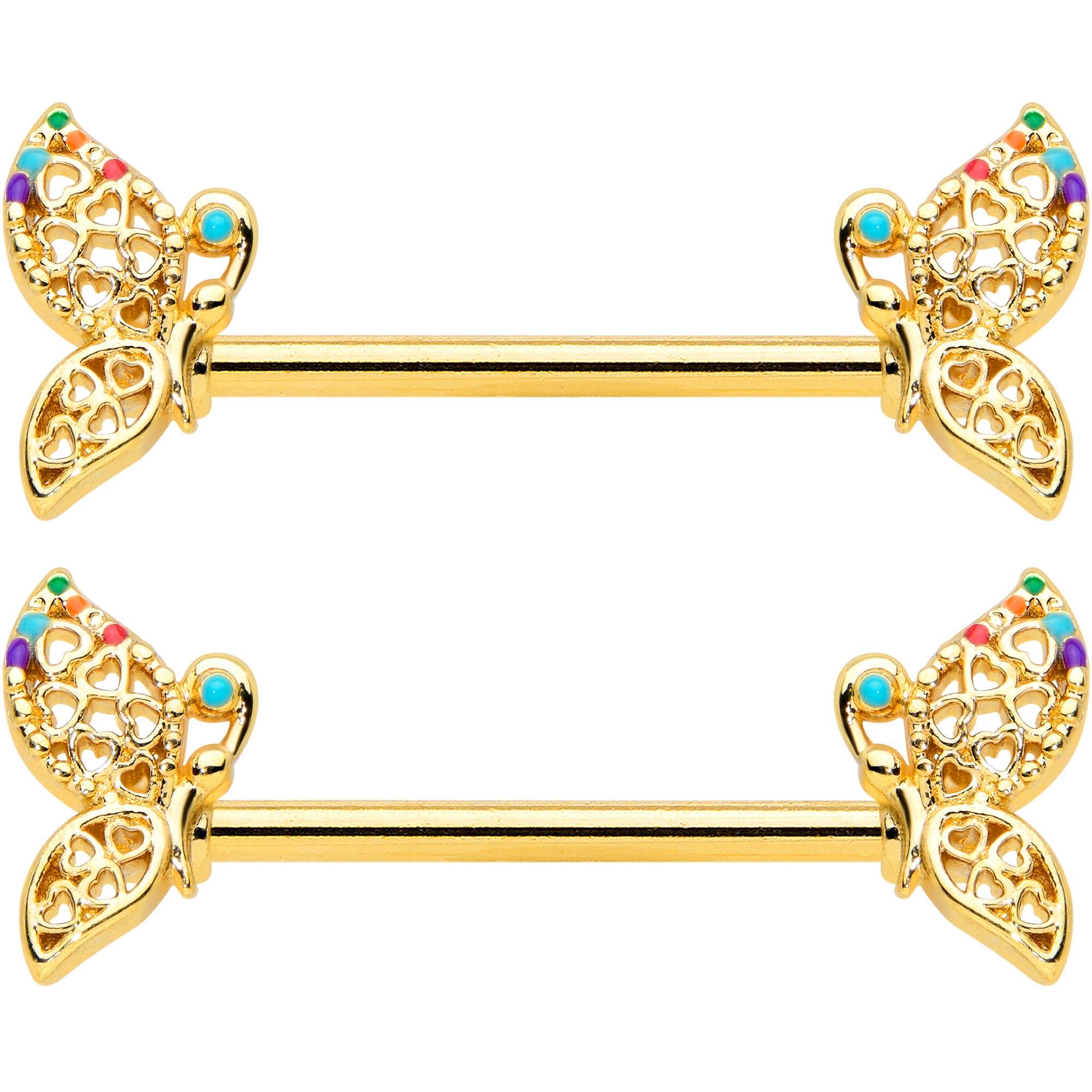 14 Gauge 9/16 Clear CZ Gem Gold Tone Heart Butterfly Nipple Ring Set