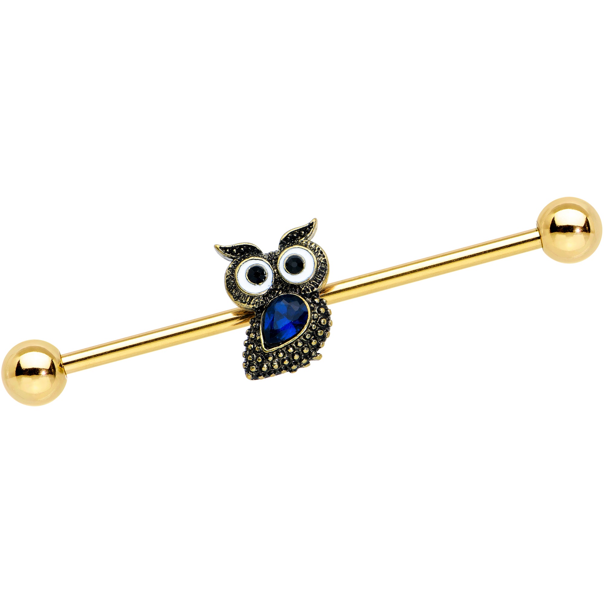 14 Gauge Blue Gem Gold Tone Wide Eyed Owl Industrial Barbell 38mm