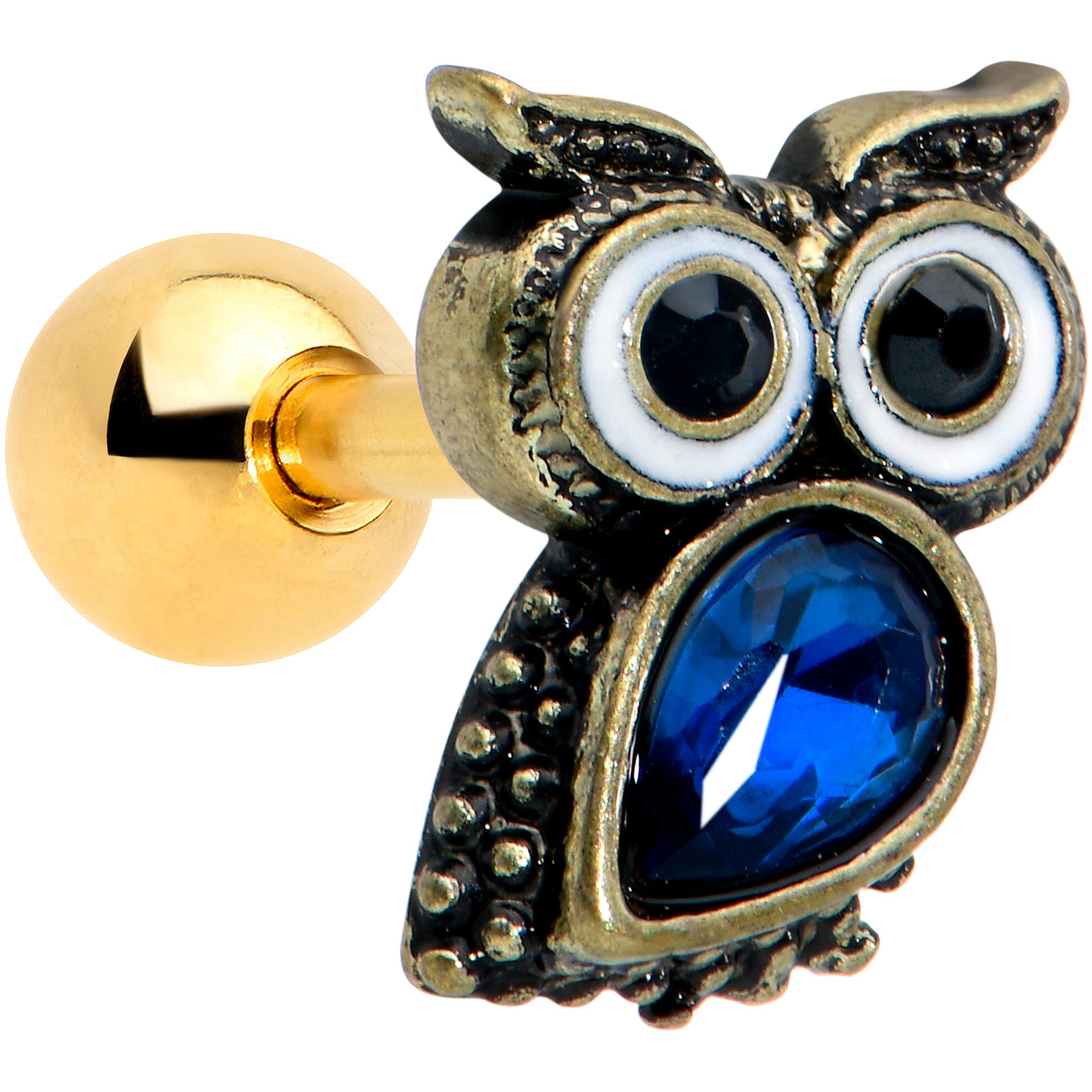 16 Gauge 1/4 Blue Gem Gold Tone Wide Eyed Owl Cartilage Tragus Earring