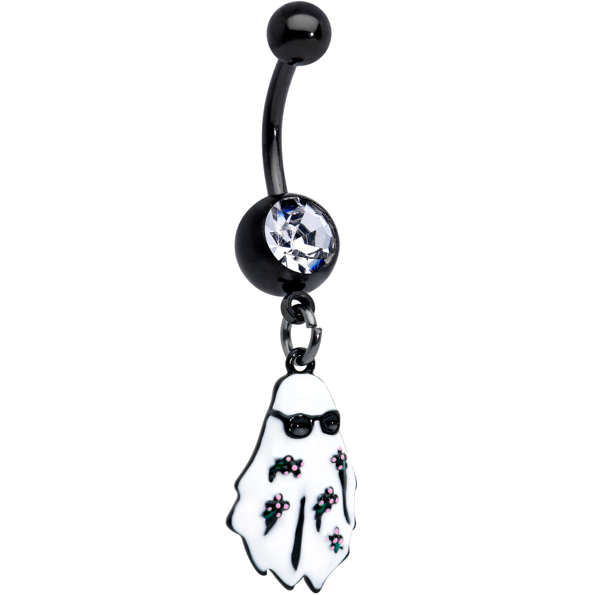 Clear Gem Black Hipster Ghost Halloween Dangle Belly Ring