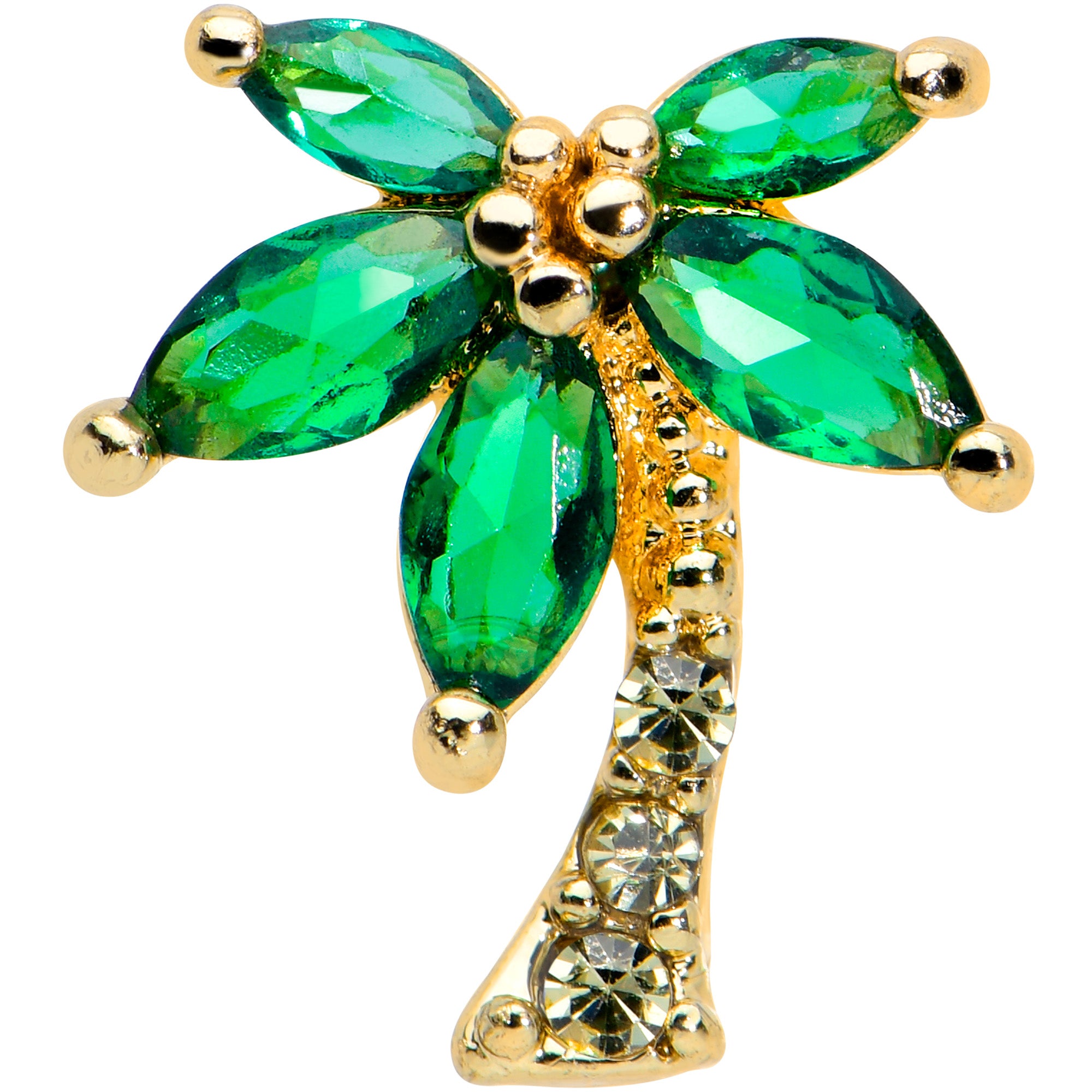 16 Gauge 5/16 Clear Green Gem Gold Tone Palm Tree Labret Monroe Tragus