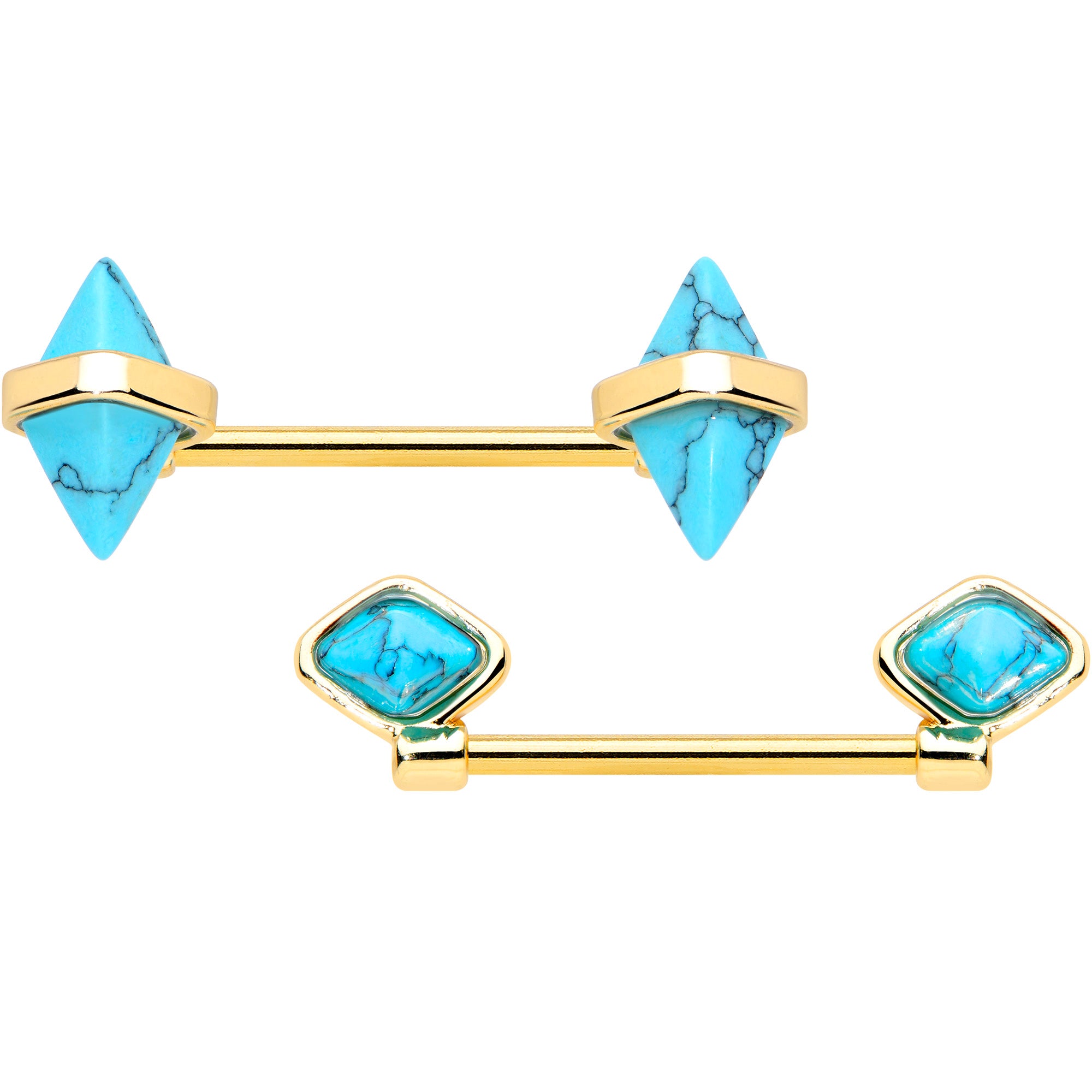 14 Gauge 9/16 Blue Turquoise Gold Tone Rhombus Barbell Nipple Ring Set