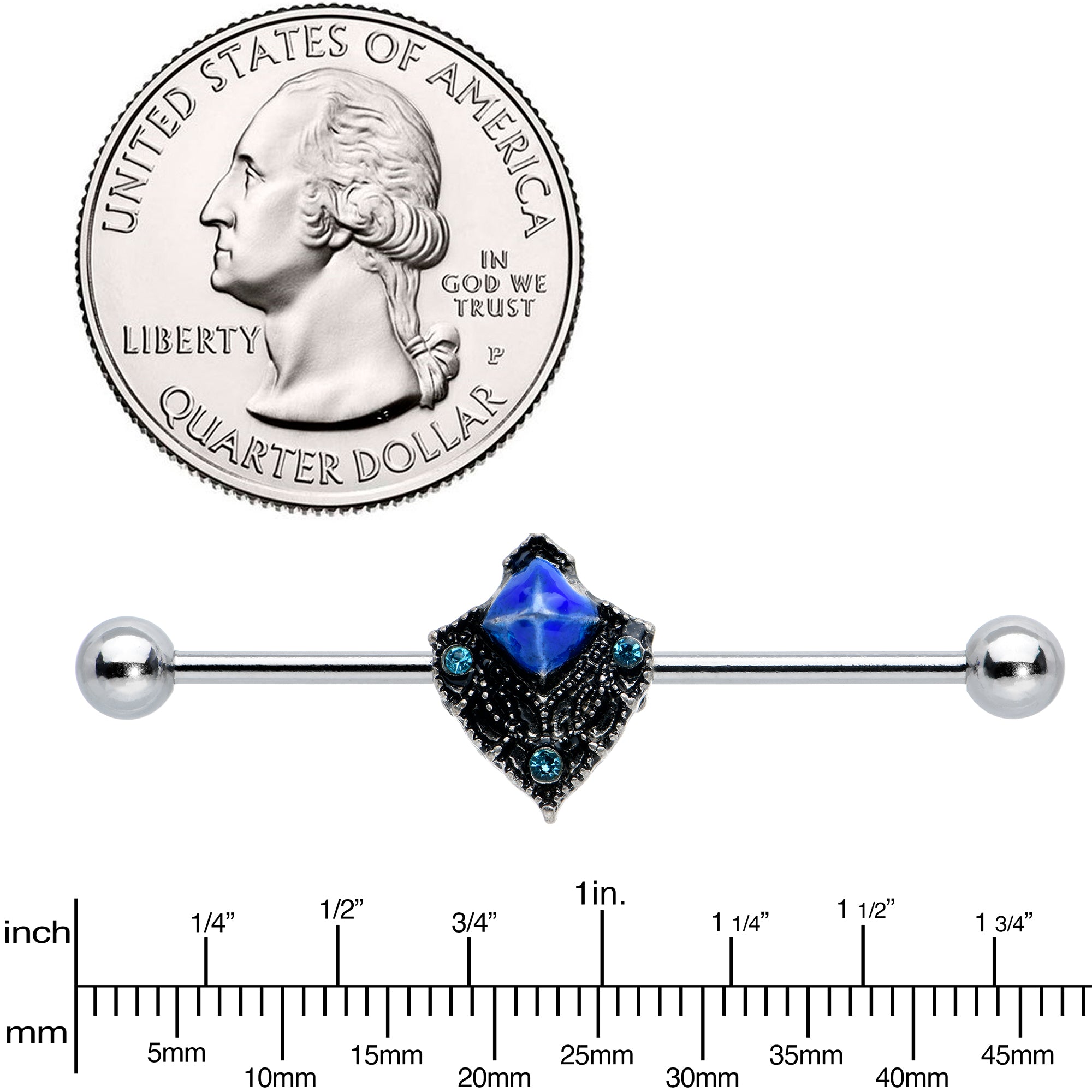 14 Gauge Blue Gem Rococo Blues Elegant Industrial Barbell 38mm