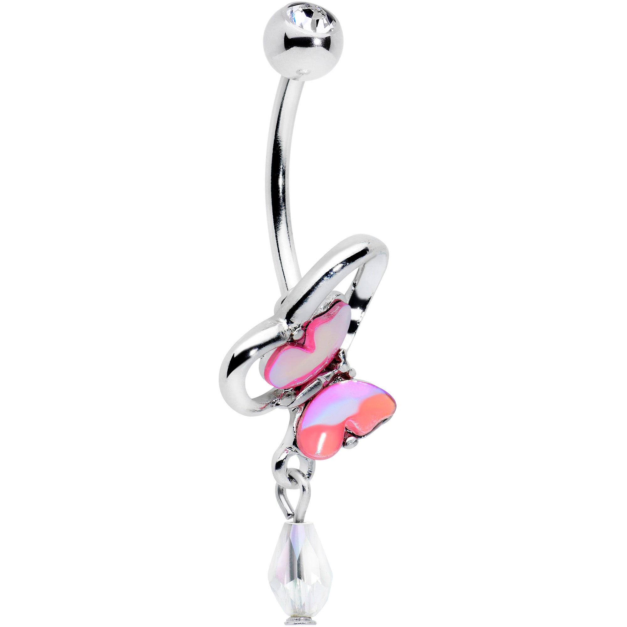 Clear Gem Heart Pink Butterfly Dangle Belly Ring