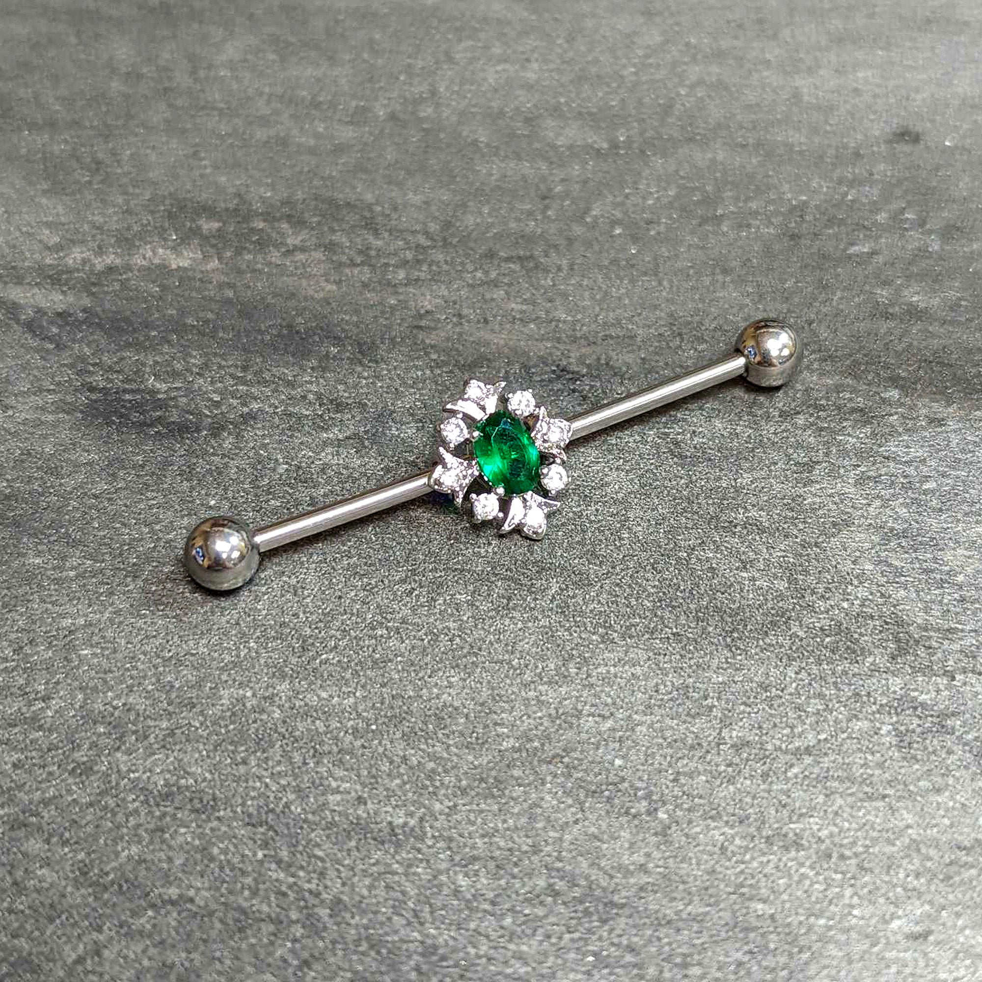 14 Gauge Clear Green Gem Ornate Art Deco Industrial Barbell 38mm