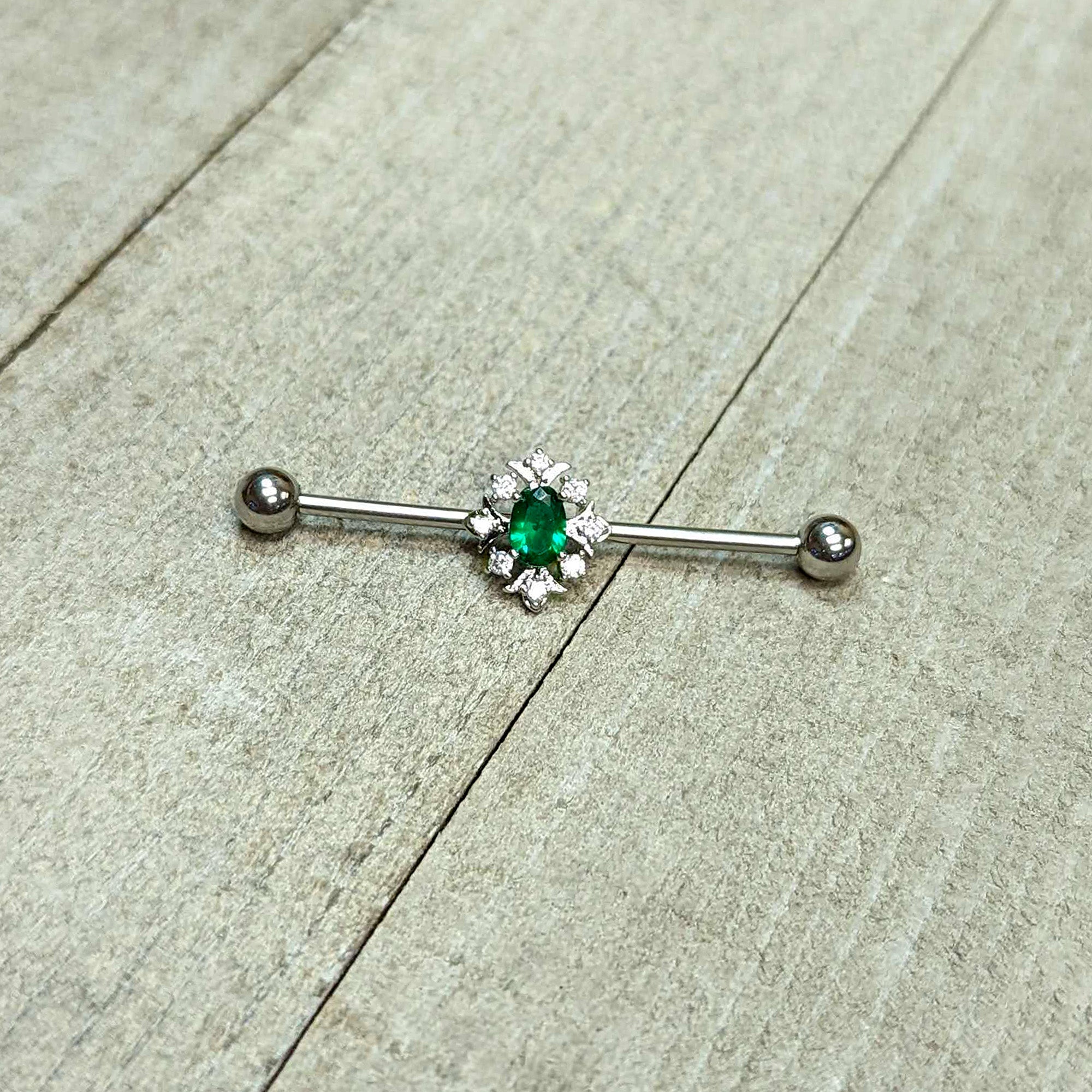 14 Gauge Clear Green Gem Ornate Art Deco Industrial Barbell 38mm