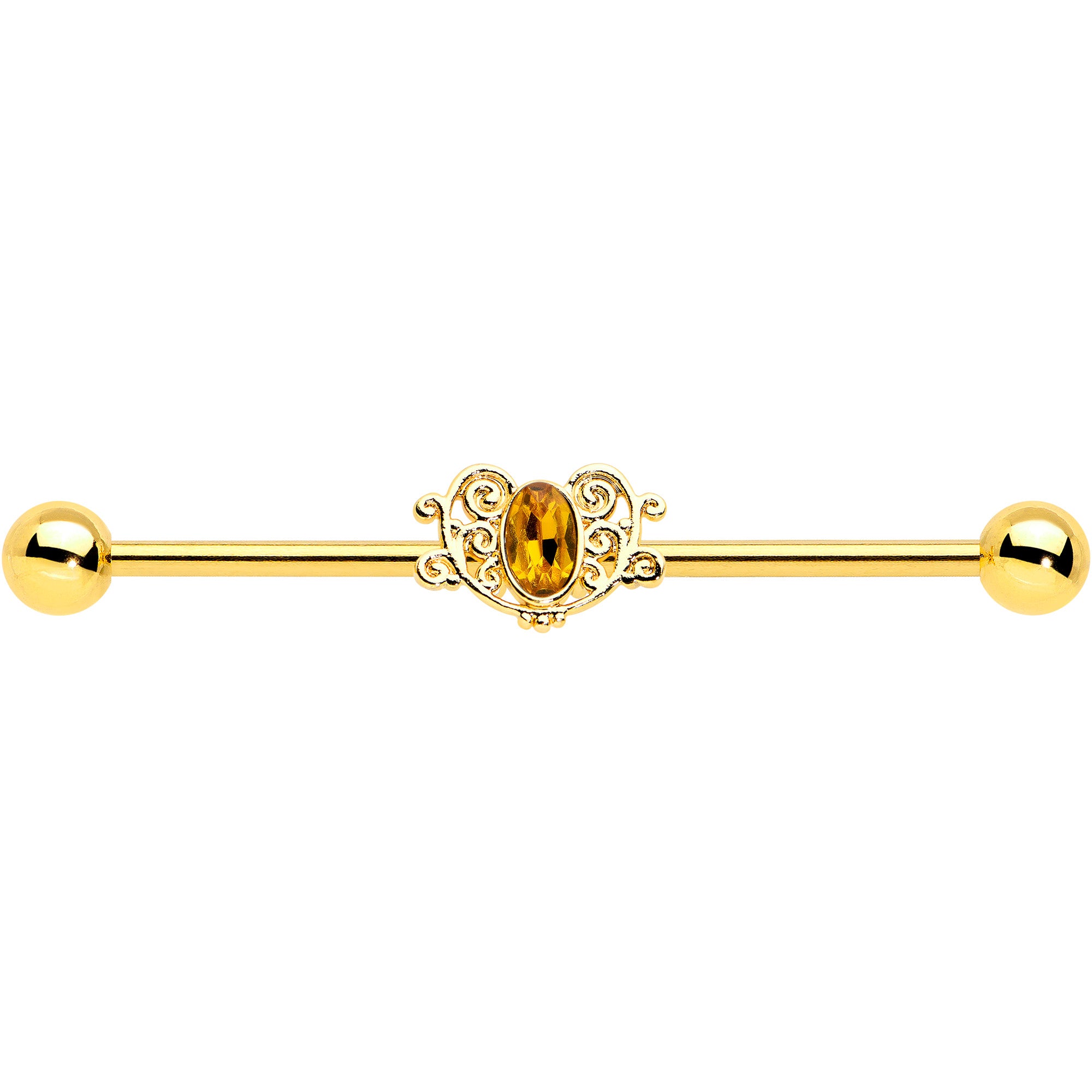 14 Gauge Yellow Gem Gold Tone Duet Scroll Industrial Barbell 38mm