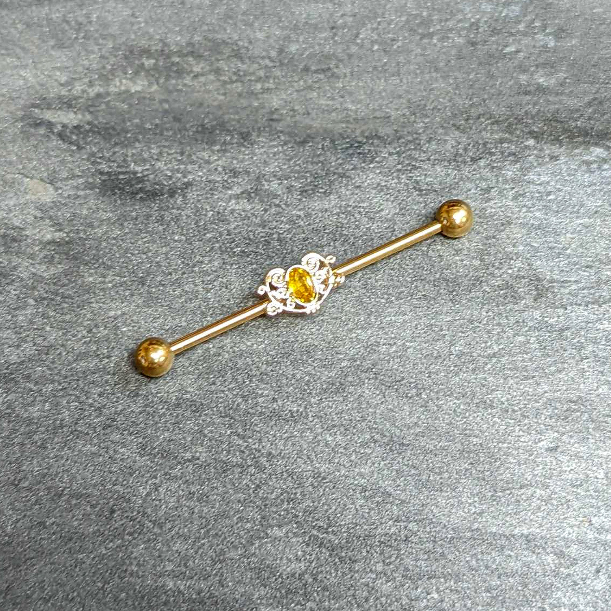 14 Gauge Yellow Gem Gold Tone Duet Scroll Industrial Barbell 38mm