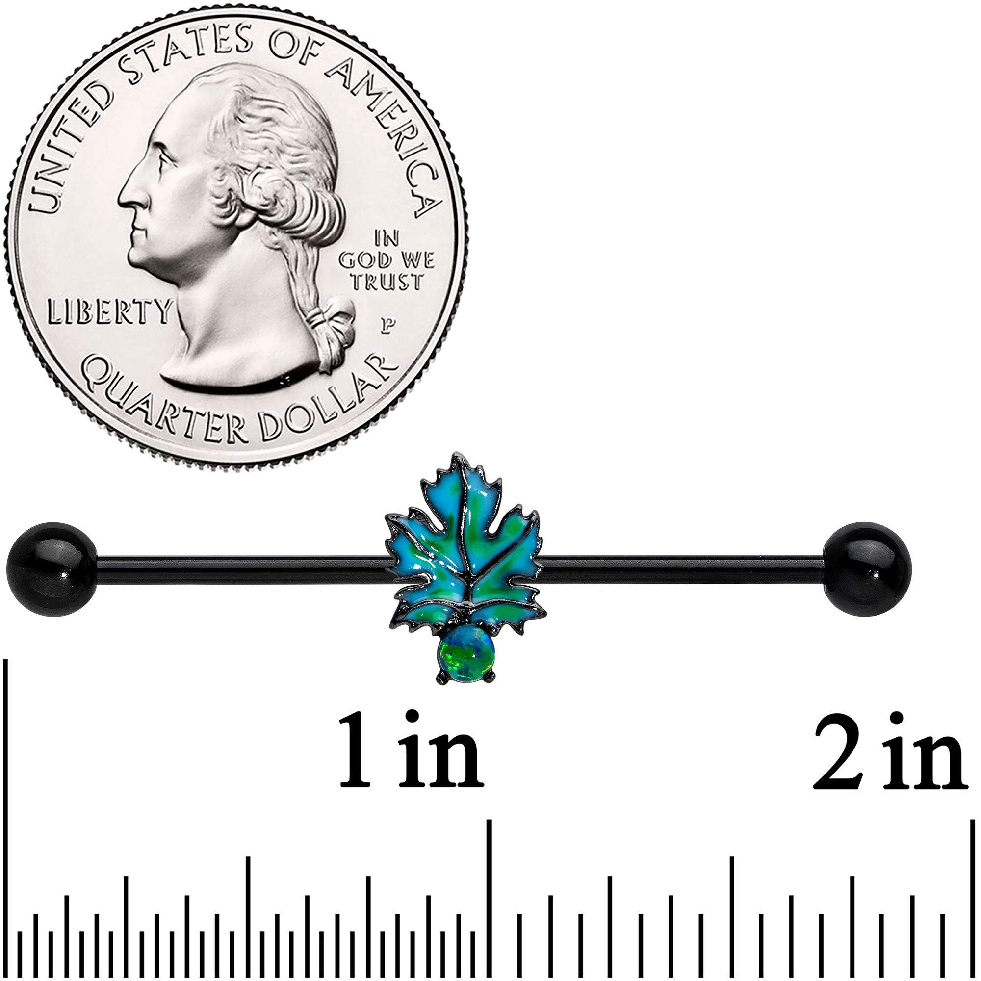 14 Gauge Green Synthetic Opal Black Fall Leaf Industrial Barbell 38mm