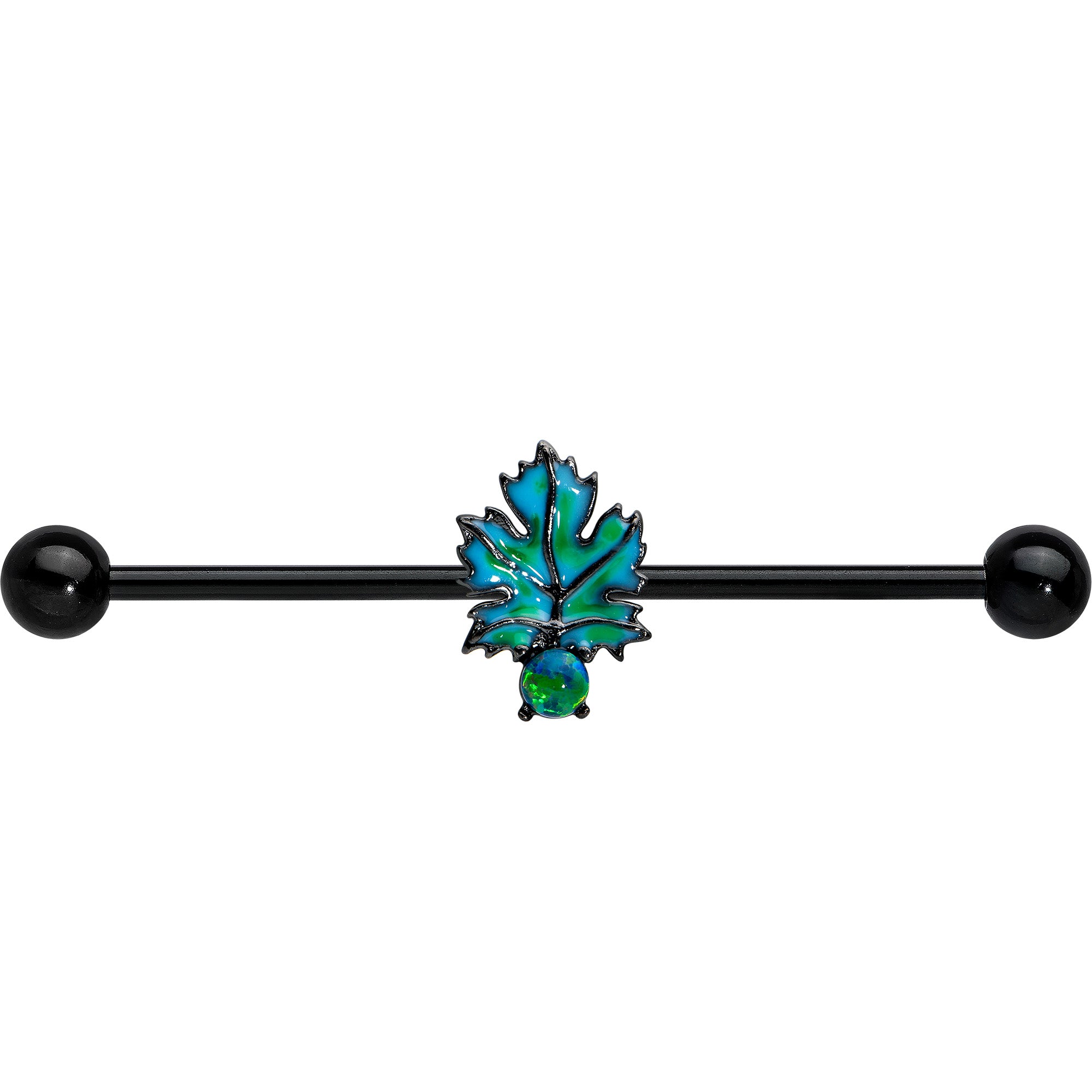 14 Gauge Green Synthetic Opal Black Fall Leaf Industrial Barbell 38mm